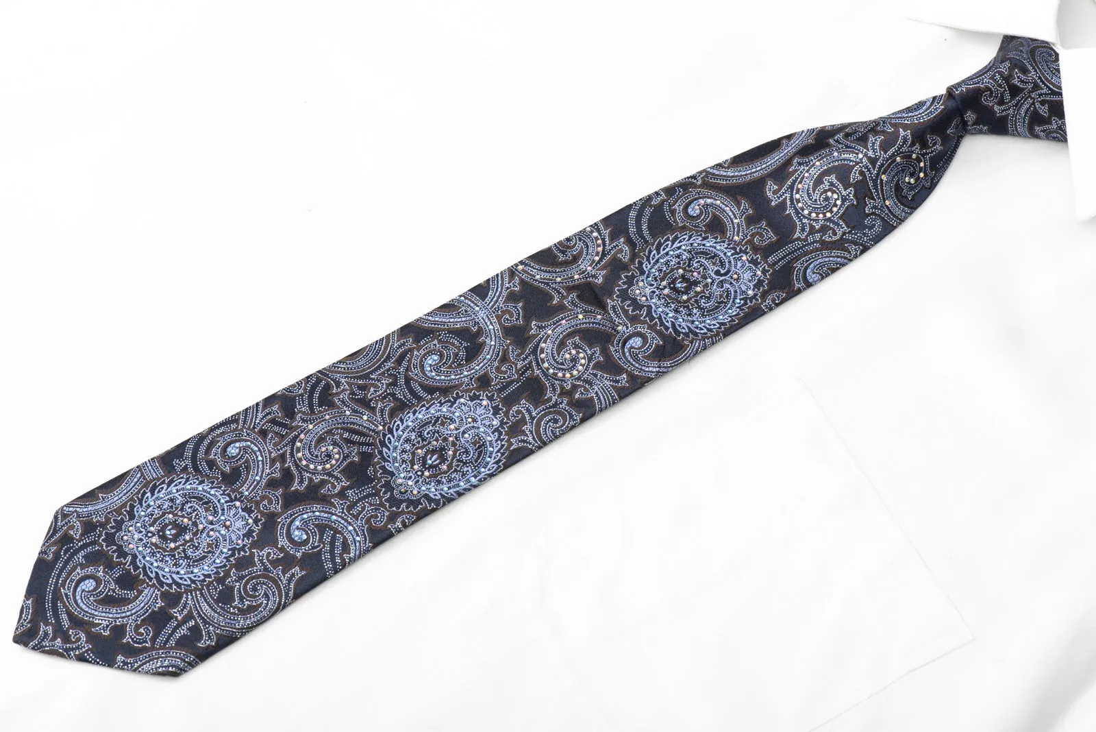 Acanthus On Navy Blue Rhinestone Silk Necktie With Silver Sparkles