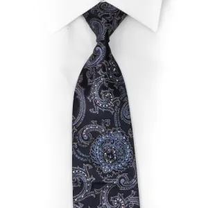 Acanthus On Navy Blue Rhinestone Silk Necktie With Silver Sparkles