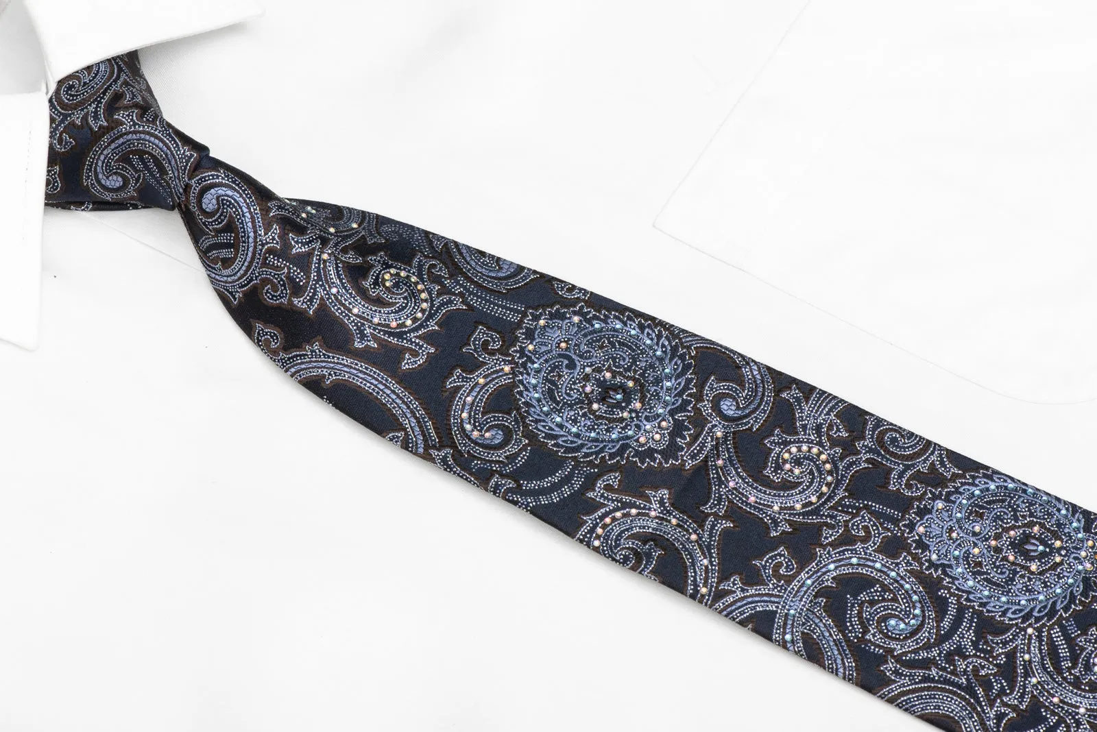 Acanthus On Navy Blue Rhinestone Silk Necktie With Silver Sparkles