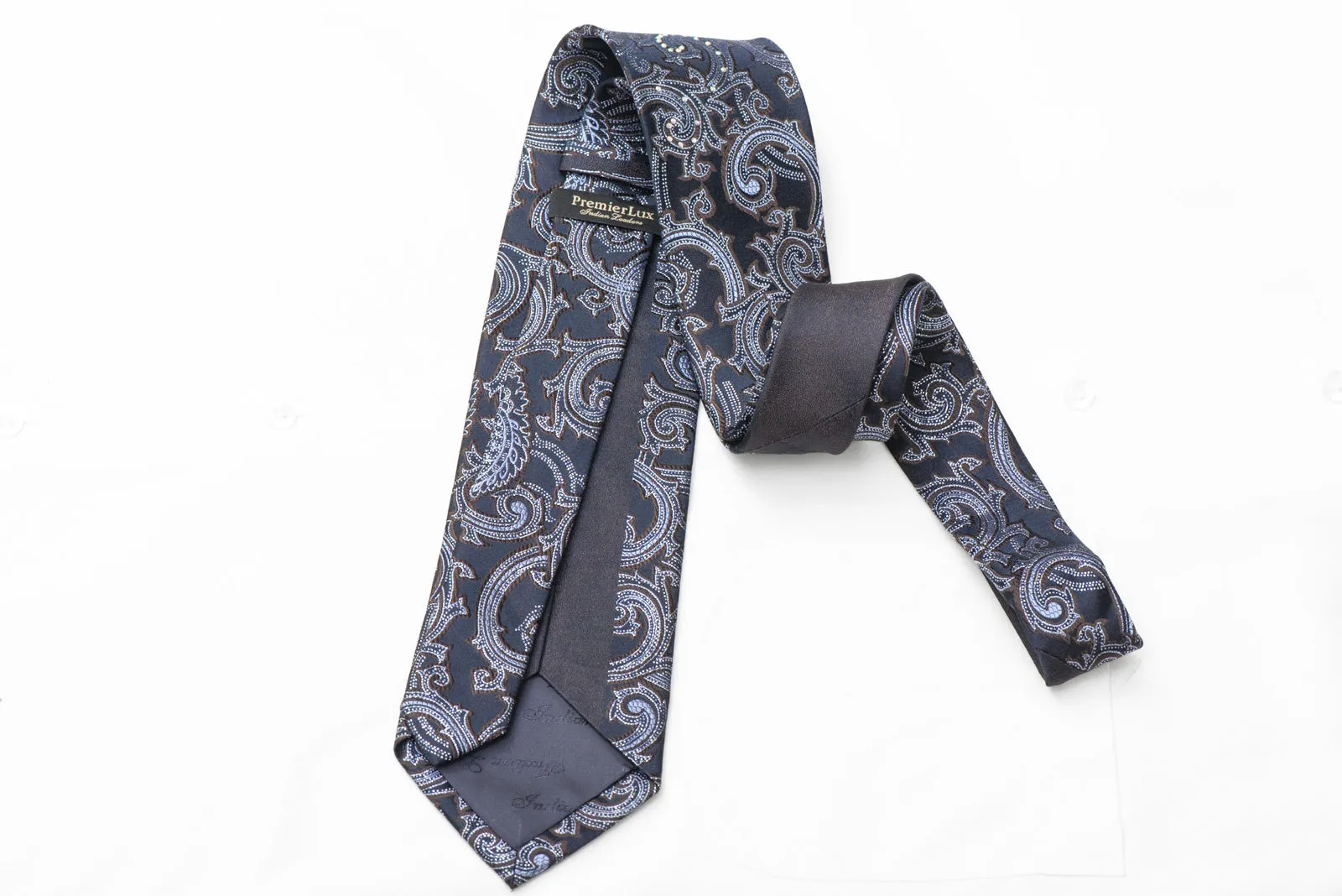 Acanthus On Navy Blue Rhinestone Silk Necktie With Silver Sparkles