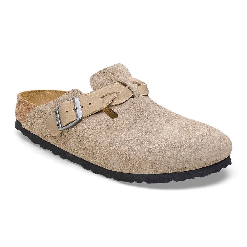 Birkenstock Boston Braided Suede Leather Clog in Mink, Zinfandel, Blue & Taupe Available in Narrow Widths