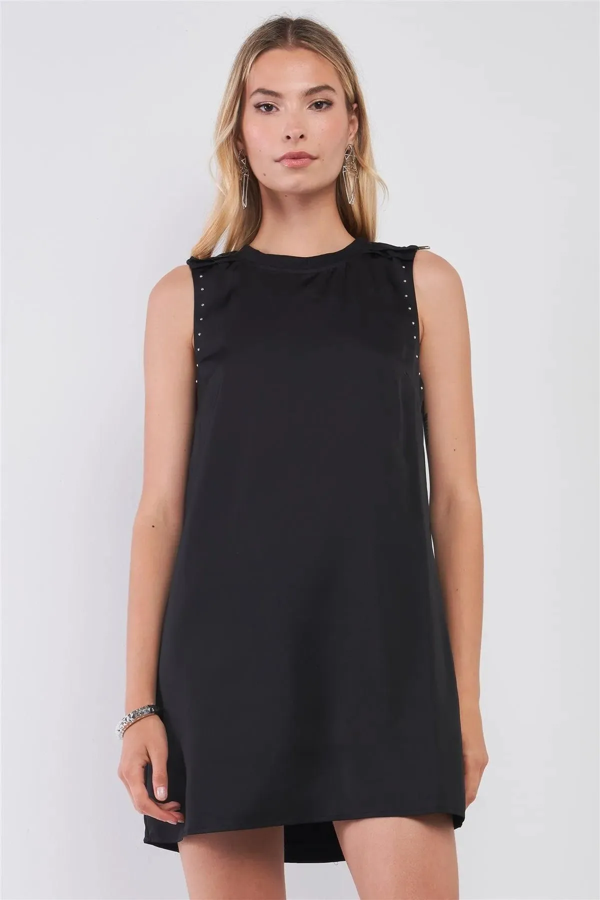 Black Sleeveless Crew Neck Silver Beaded Trim Zipper Shoulder Detail Relaxed Mini Dress