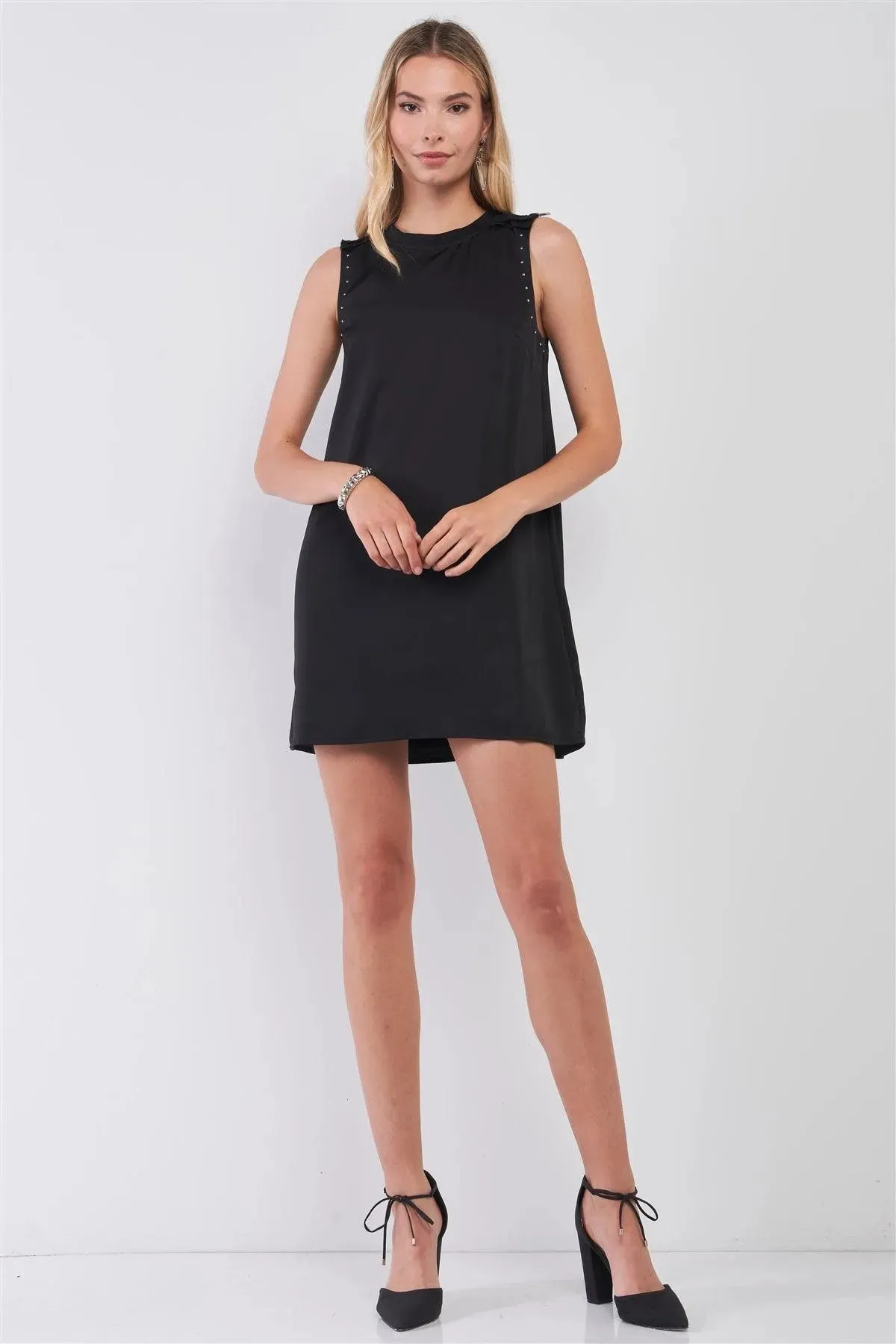 Black Sleeveless Crew Neck Silver Beaded Trim Zipper Shoulder Detail Relaxed Mini Dress