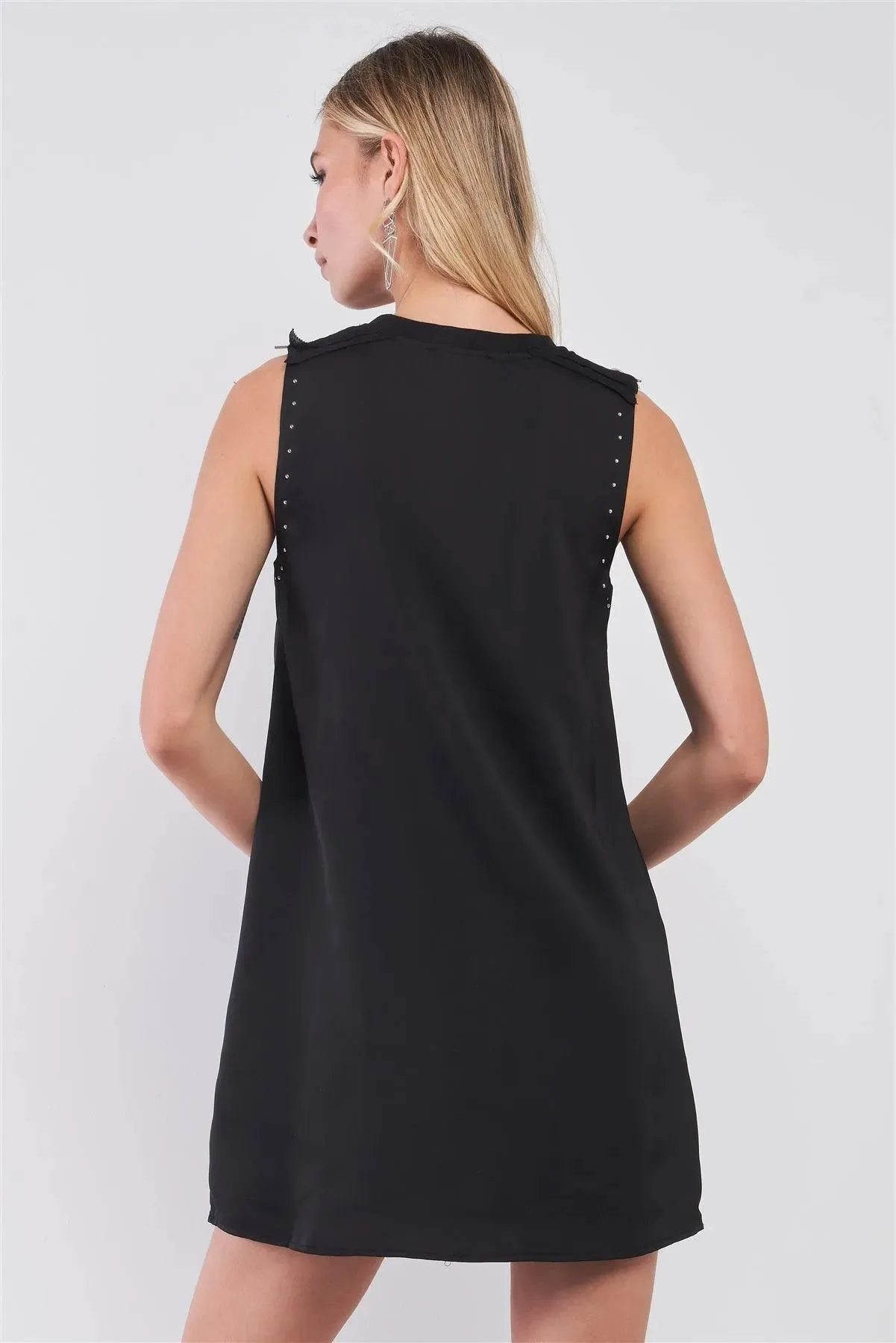 Black Sleeveless Crew Neck Silver Beaded Trim Zipper Shoulder Detail Relaxed Mini Dress