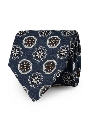 Blue jacquard tie with flowers and medallions