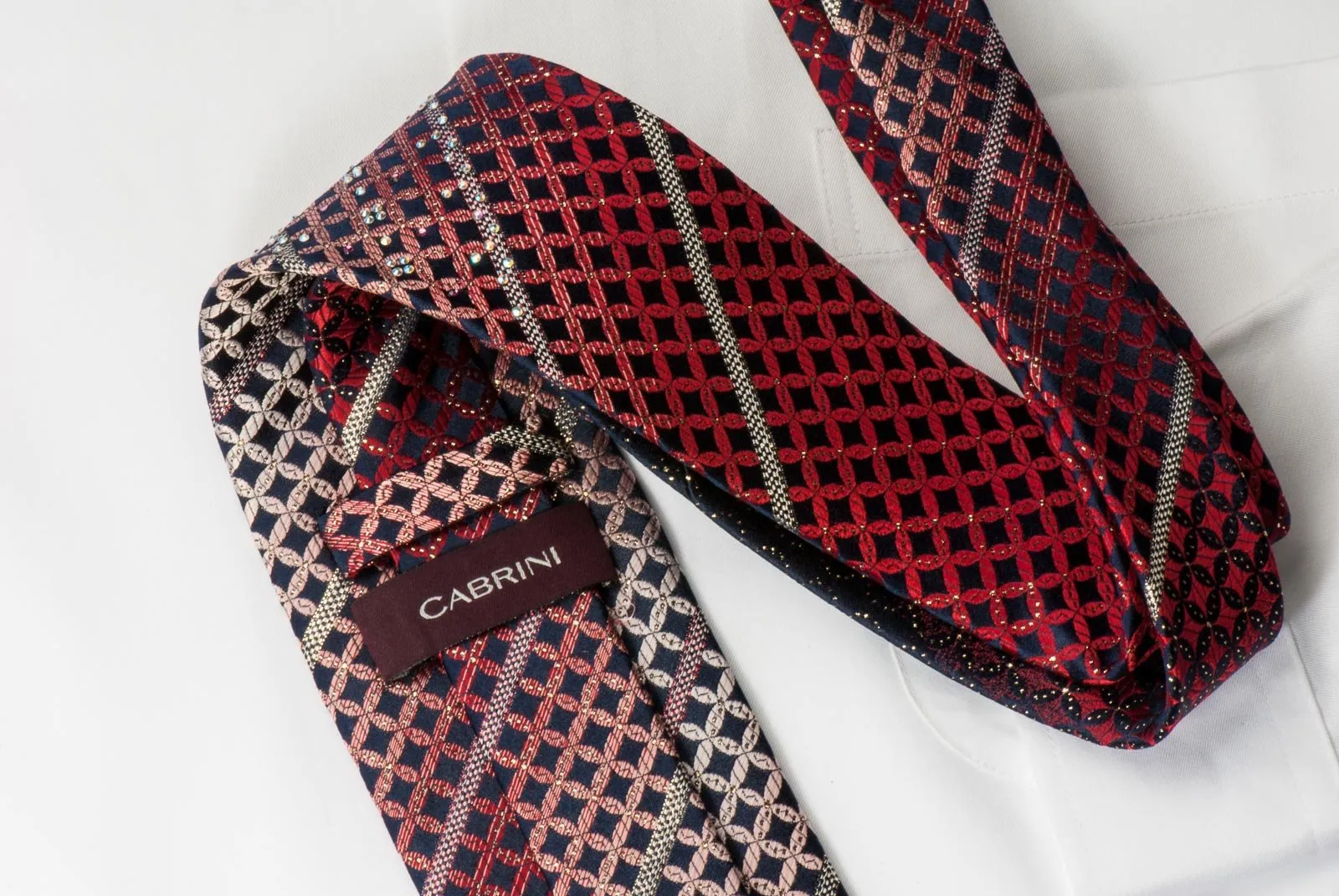 Cabrini Mens Silk Rhinestone Necktie Burgundy Black Geometric With Silver Sparkles