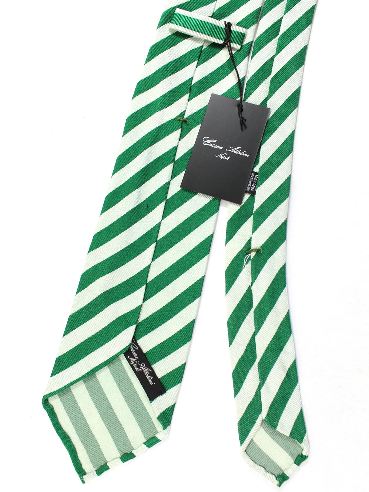 Cesare Attolini Unlined Silk Tie Light Gray Green Stripes FINAL SALE
