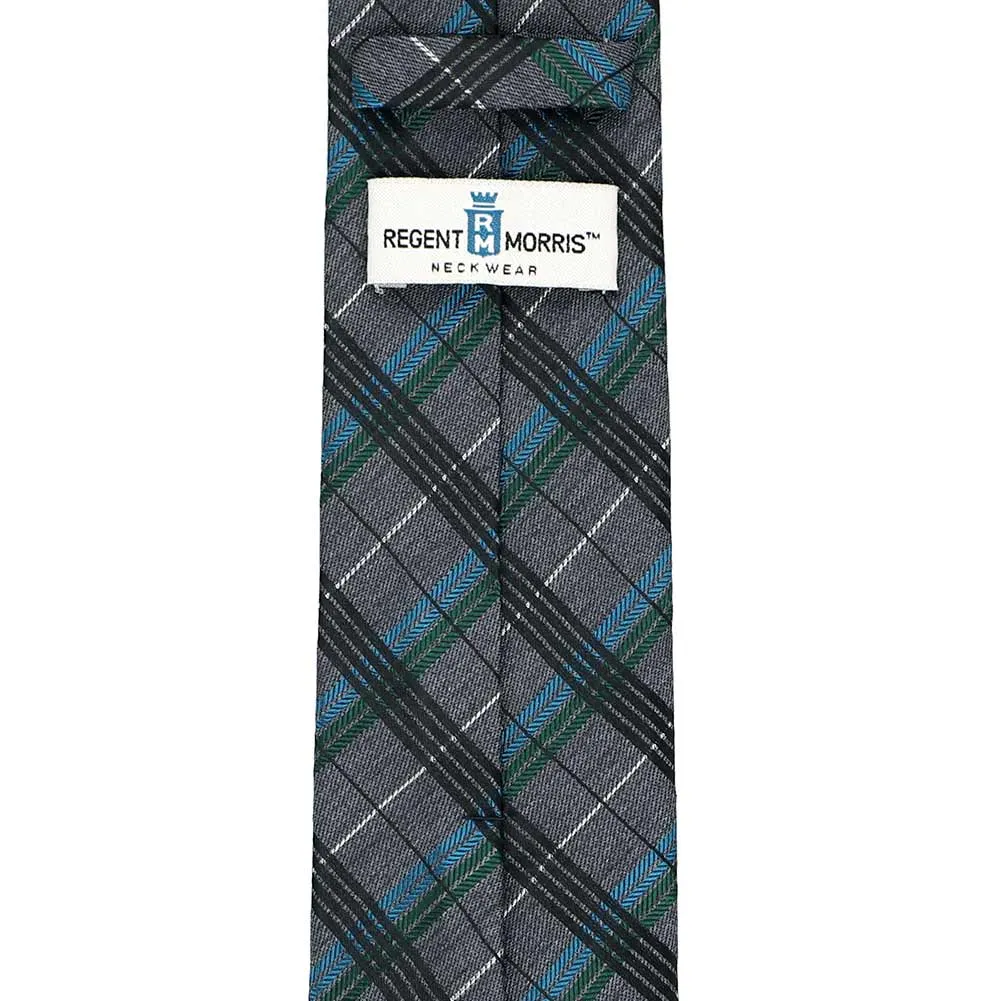 Charcoal Gray Executive Plaid Silk Extra Long Necktie