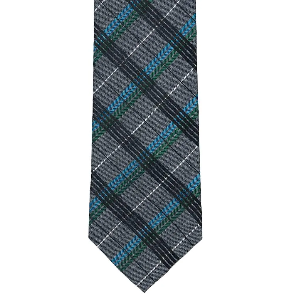 Charcoal Gray Executive Plaid Silk Extra Long Necktie