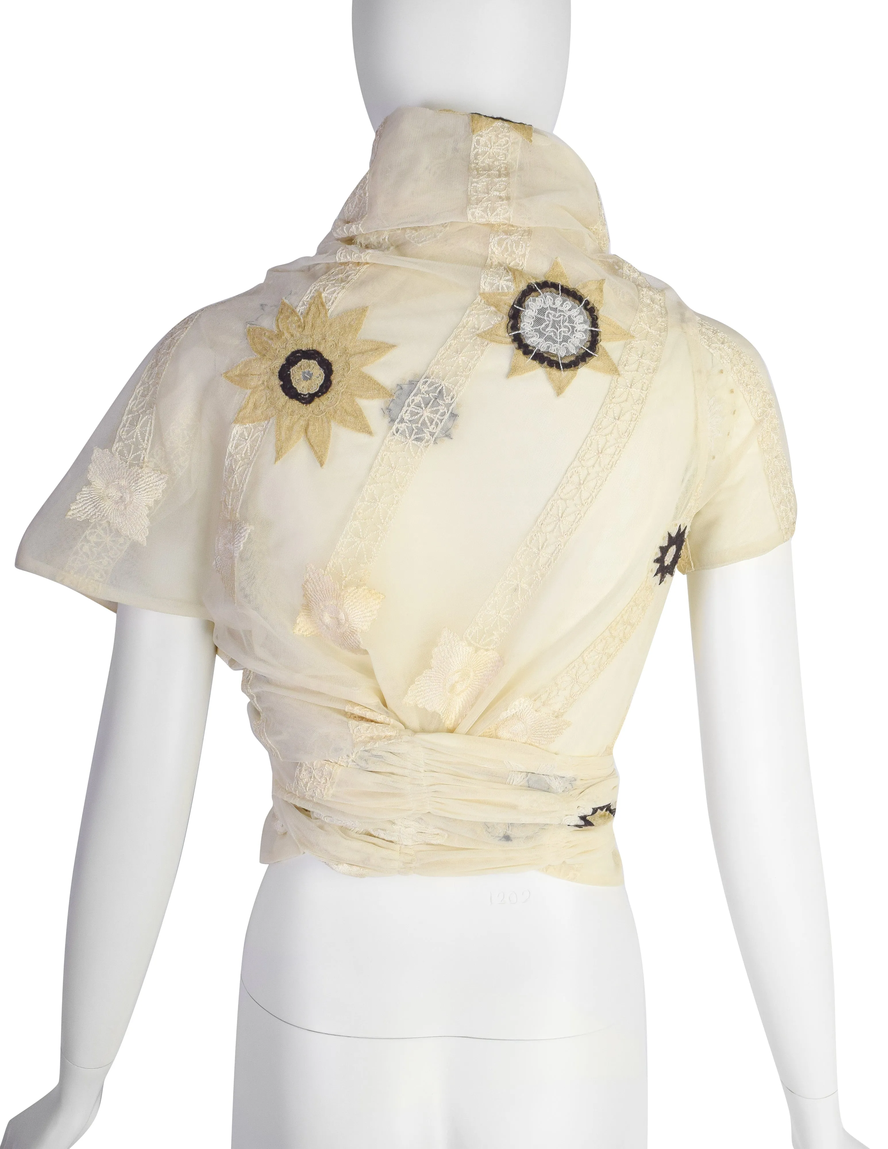Dries Van Noten Vintage Floral Embroidered Cream Mesh Wrap Top