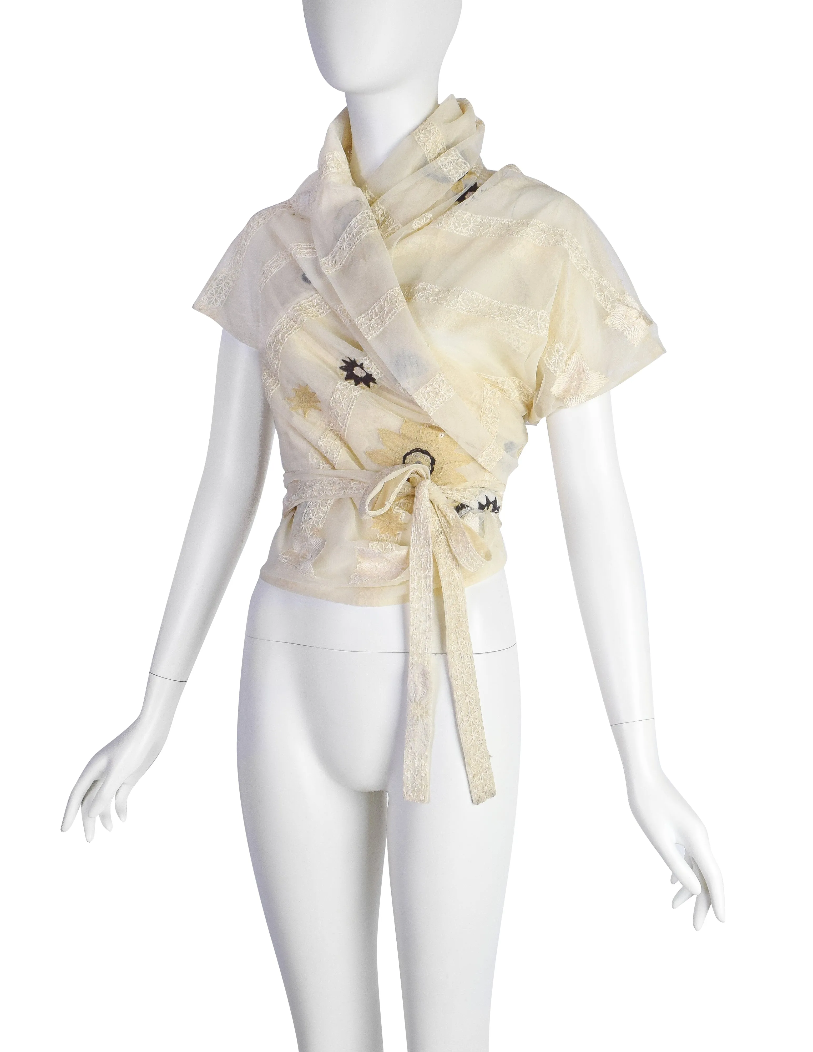 Dries Van Noten Vintage Floral Embroidered Cream Mesh Wrap Top