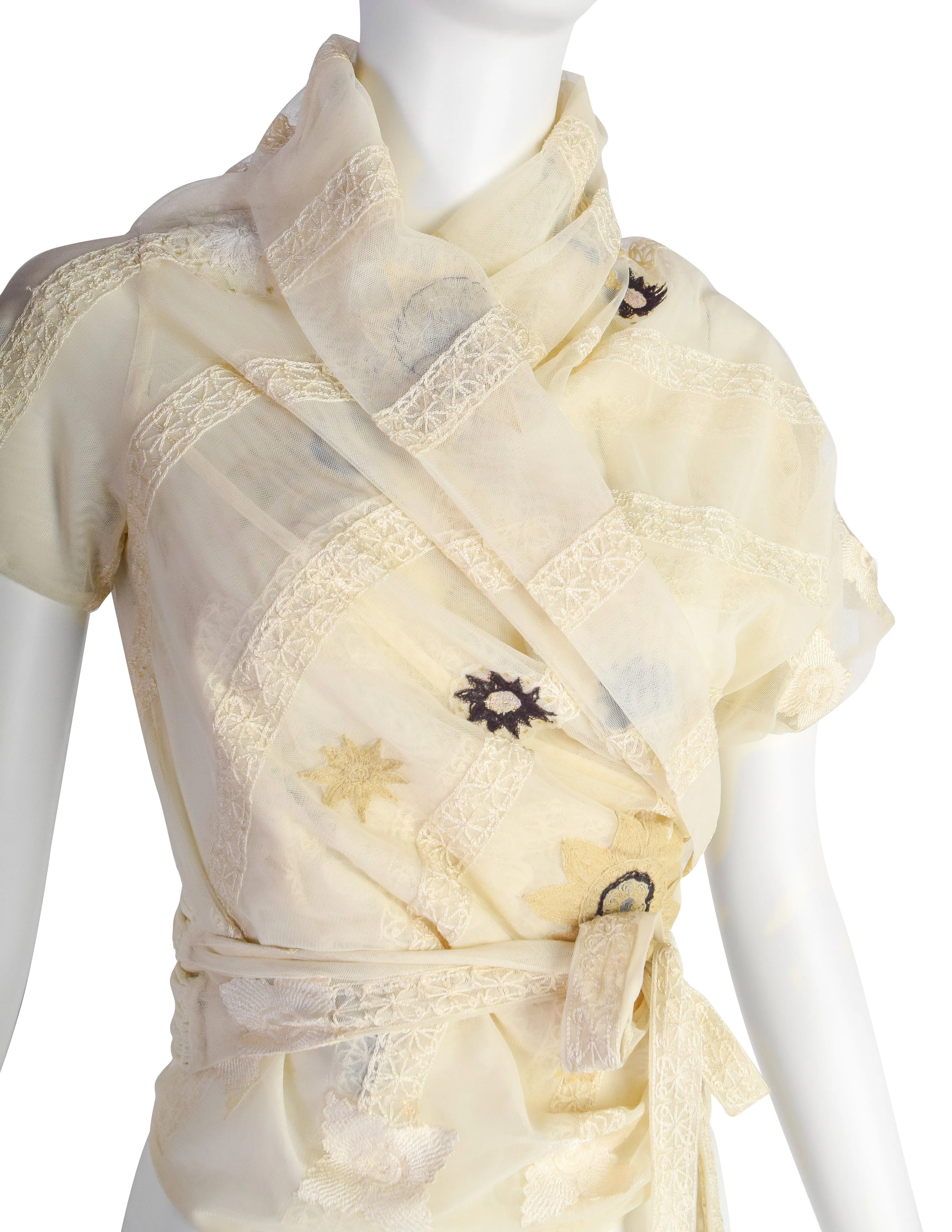 Dries Van Noten Vintage Floral Embroidered Cream Mesh Wrap Top