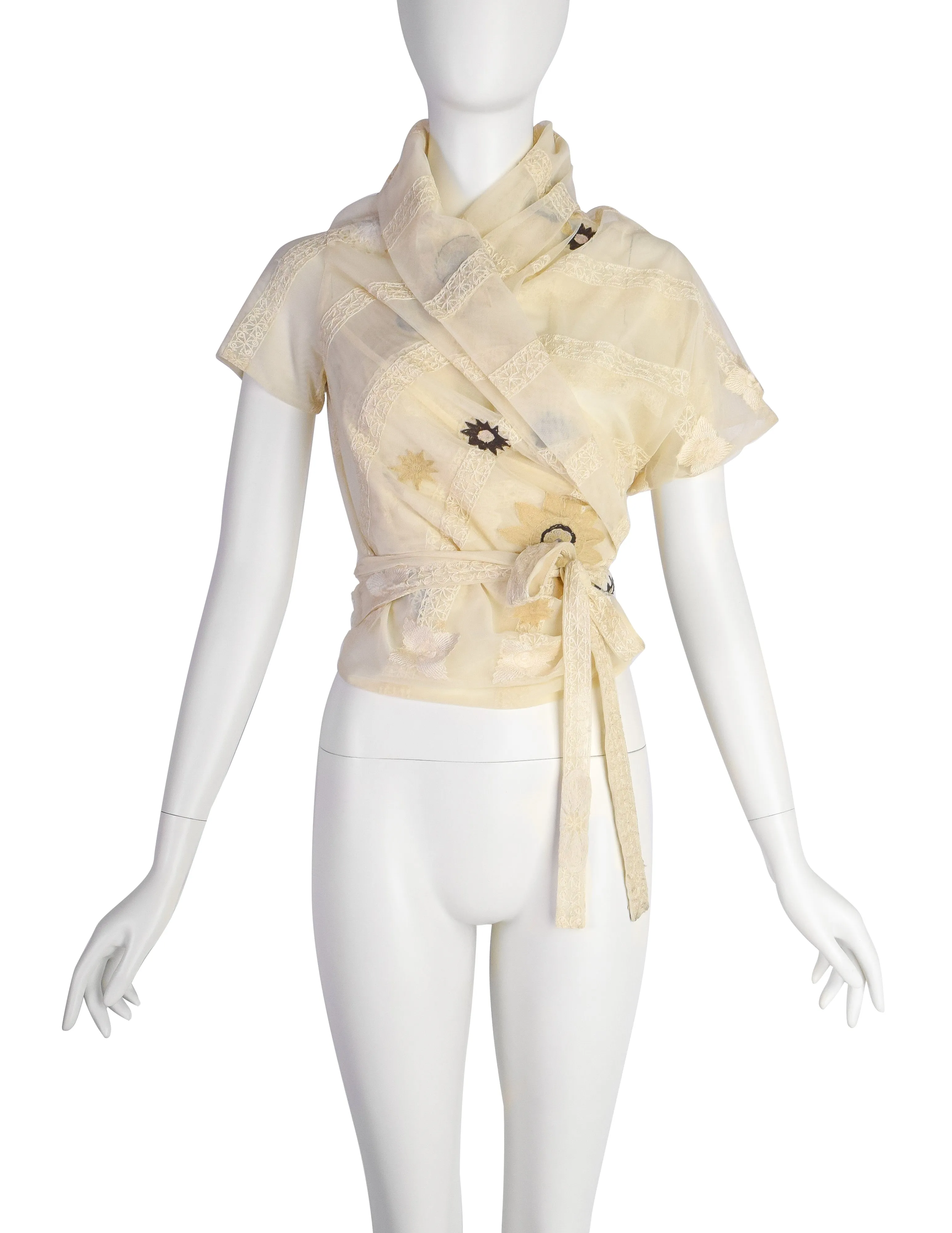 Dries Van Noten Vintage Floral Embroidered Cream Mesh Wrap Top