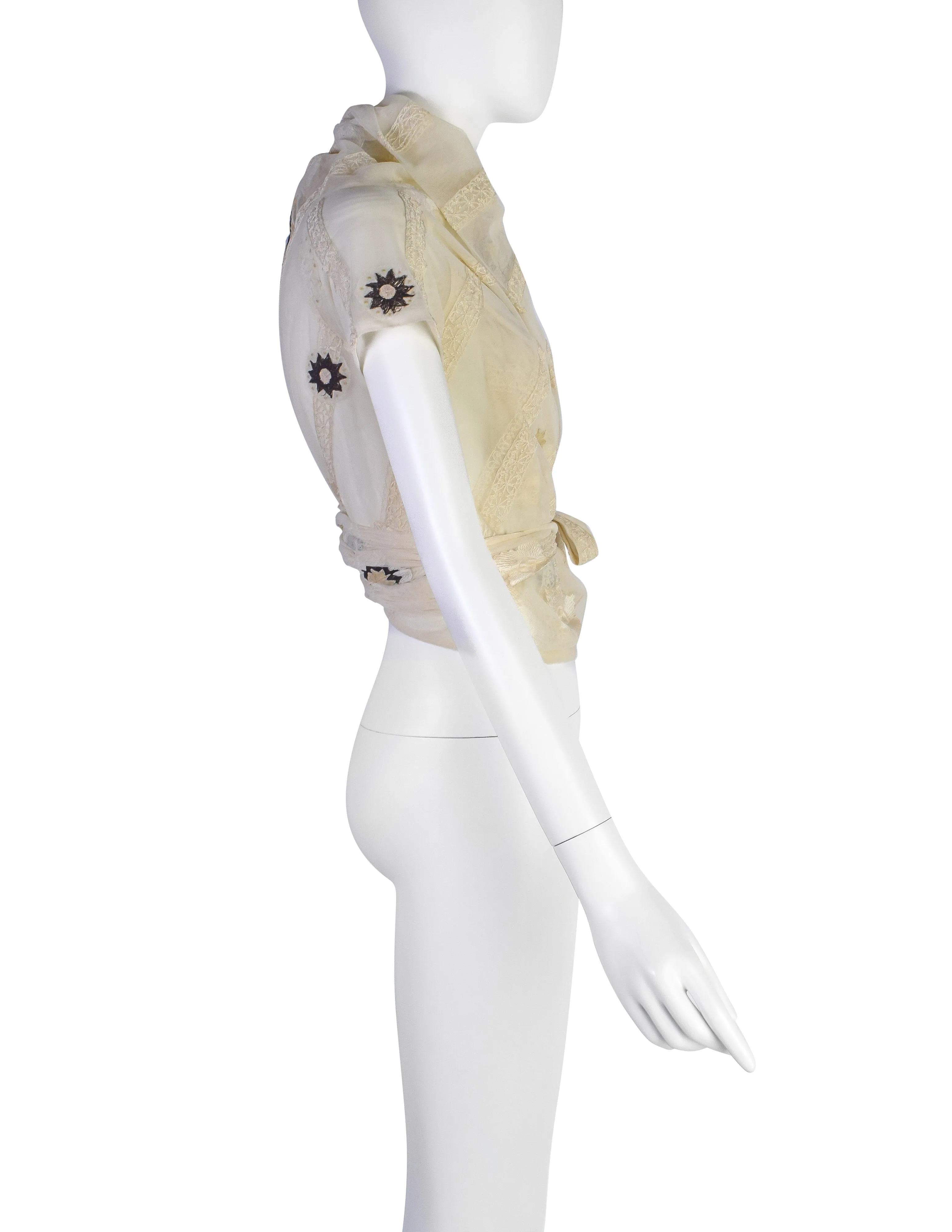Dries Van Noten Vintage Floral Embroidered Cream Mesh Wrap Top