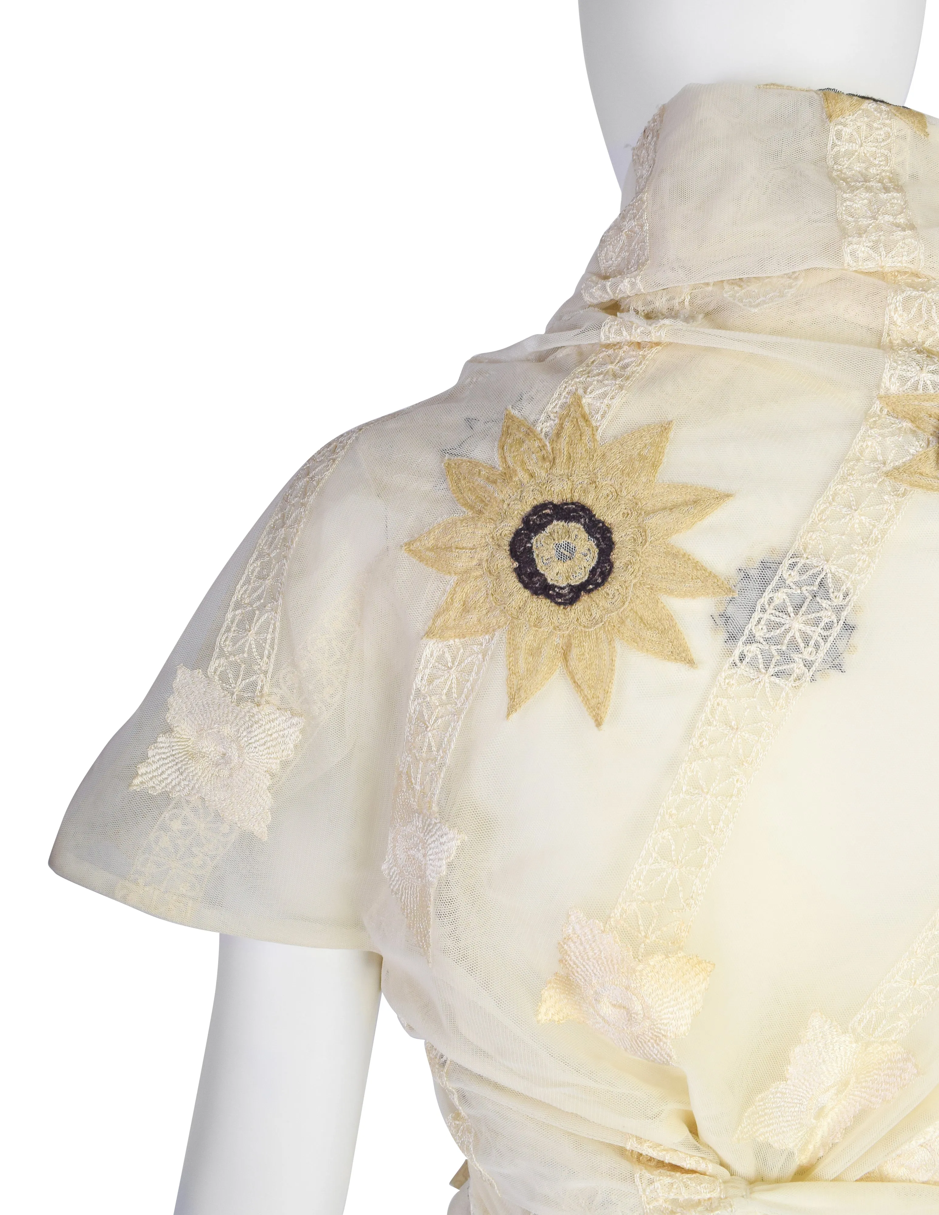 Dries Van Noten Vintage Floral Embroidered Cream Mesh Wrap Top