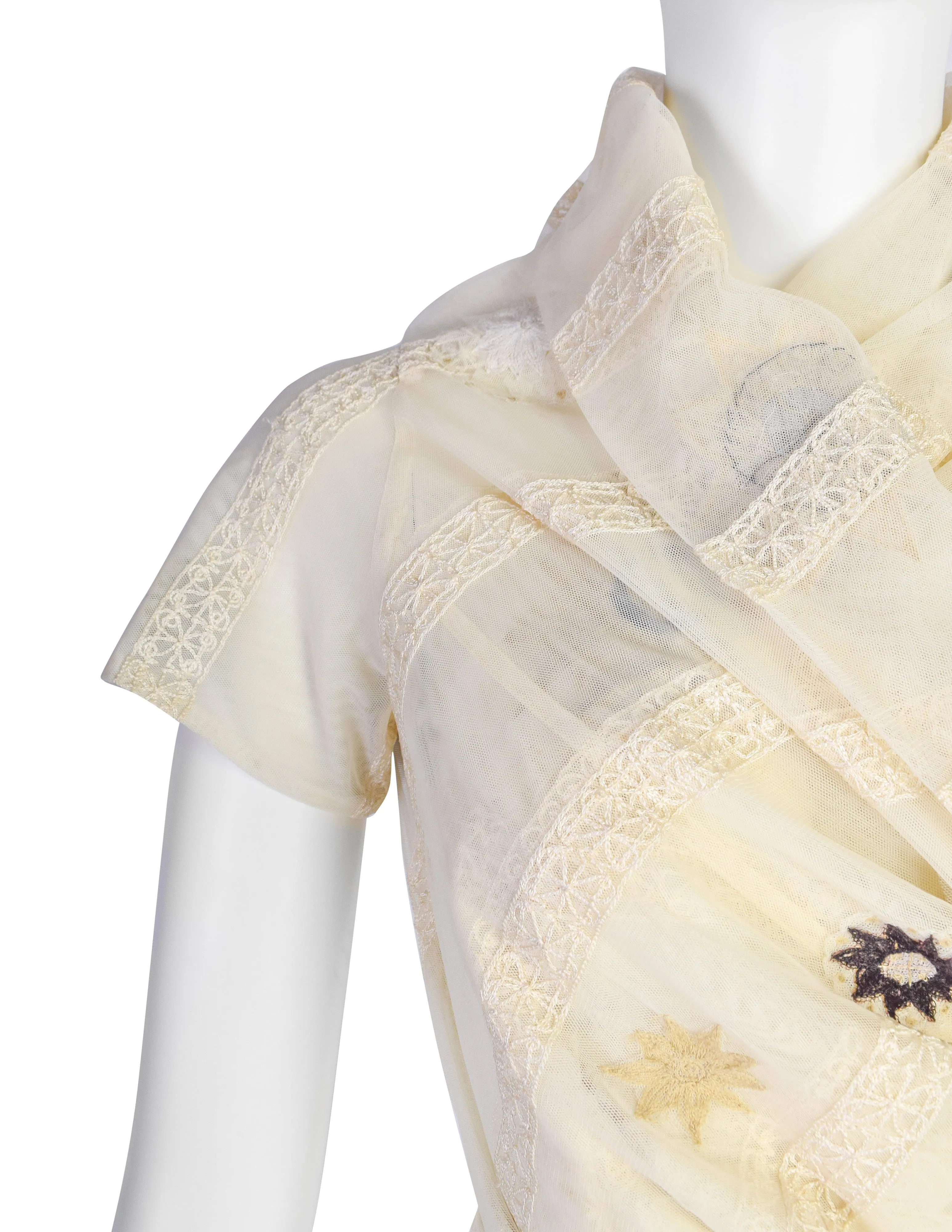 Dries Van Noten Vintage Floral Embroidered Cream Mesh Wrap Top