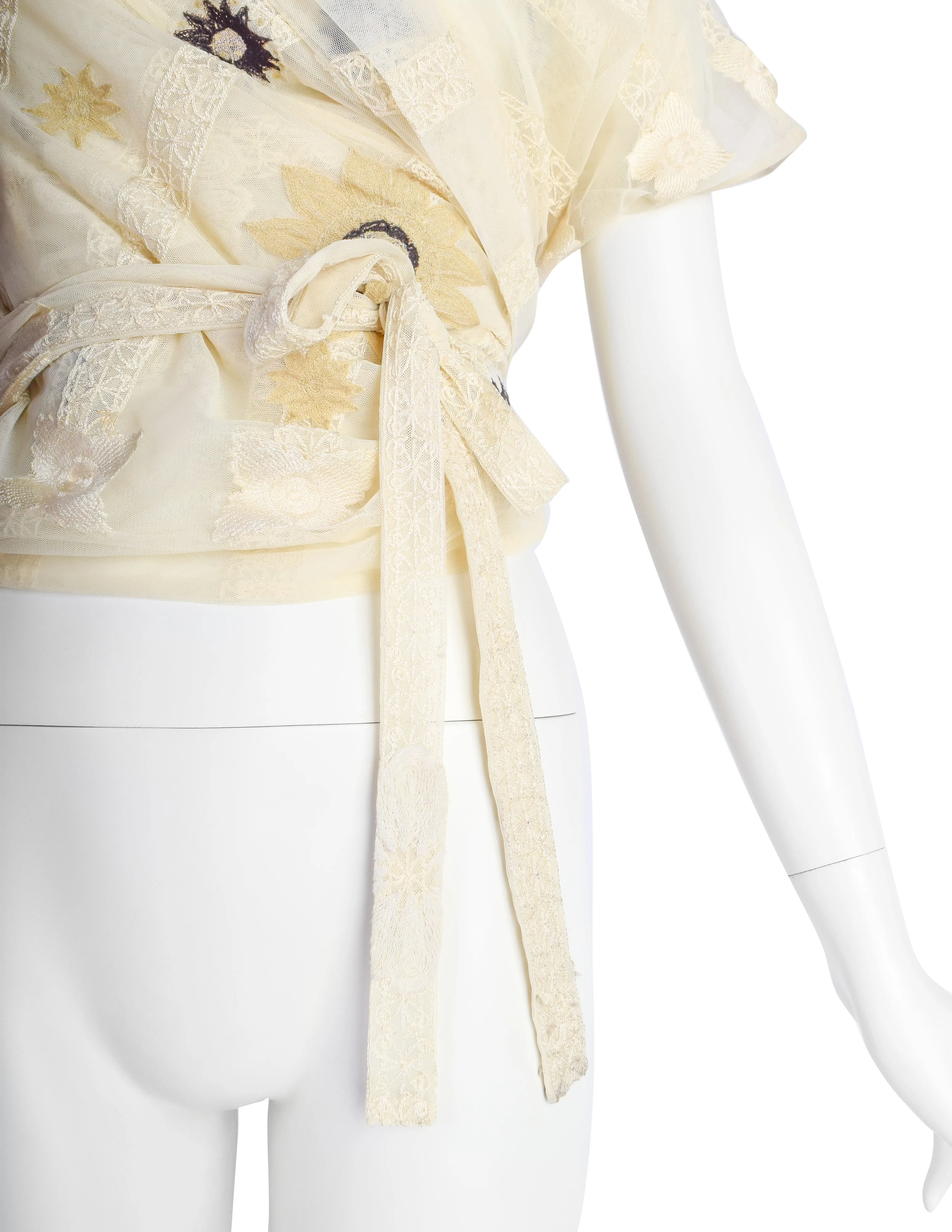 Dries Van Noten Vintage Floral Embroidered Cream Mesh Wrap Top