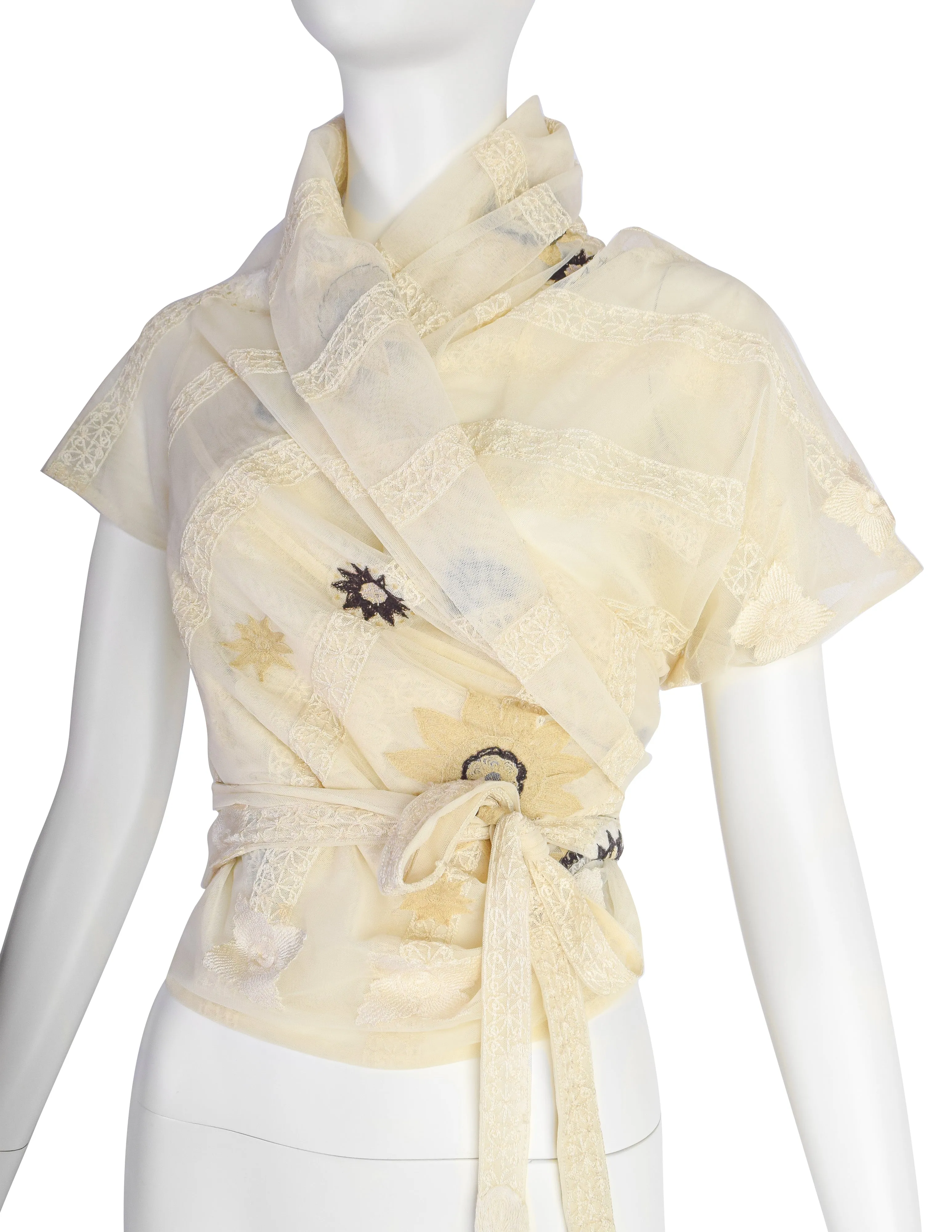 Dries Van Noten Vintage Floral Embroidered Cream Mesh Wrap Top