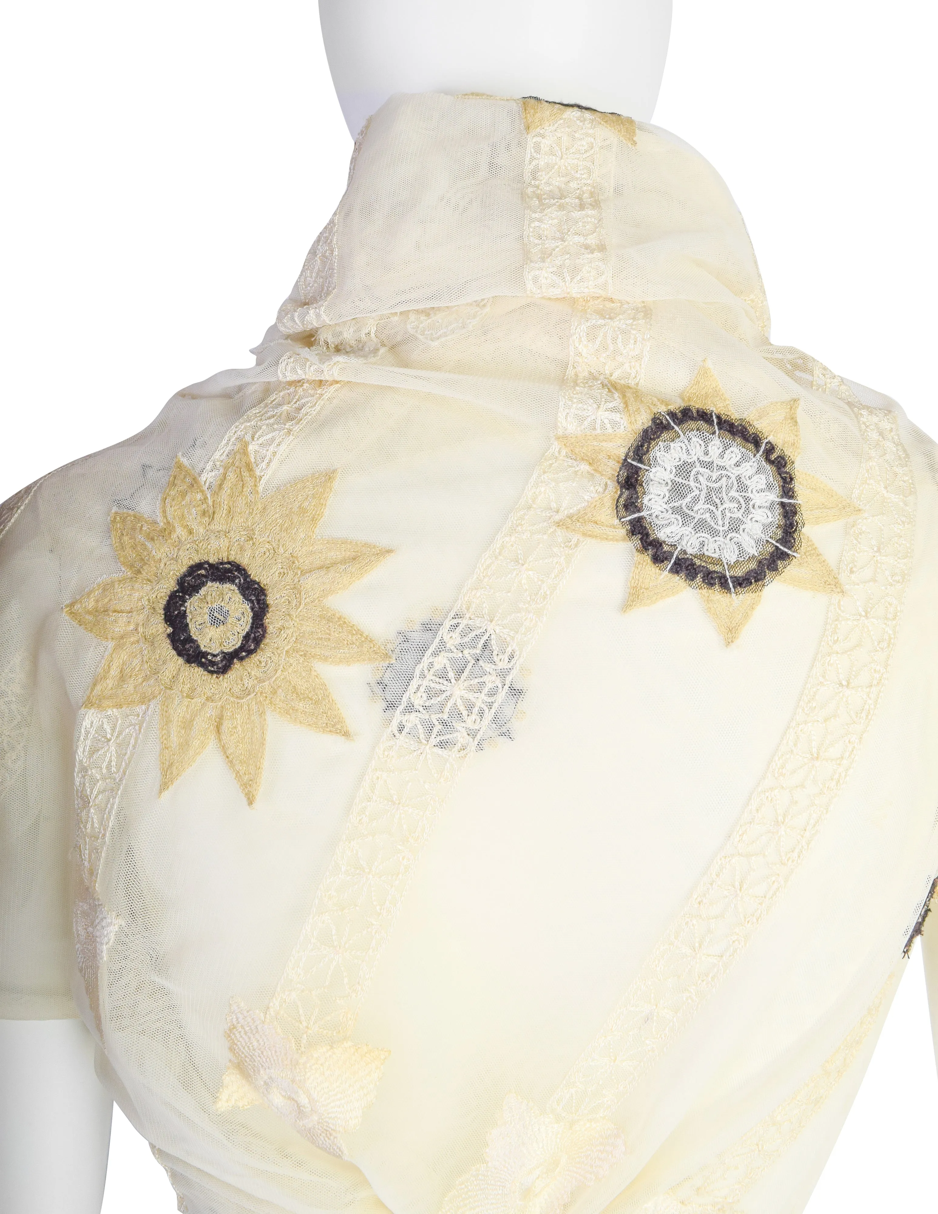 Dries Van Noten Vintage Floral Embroidered Cream Mesh Wrap Top