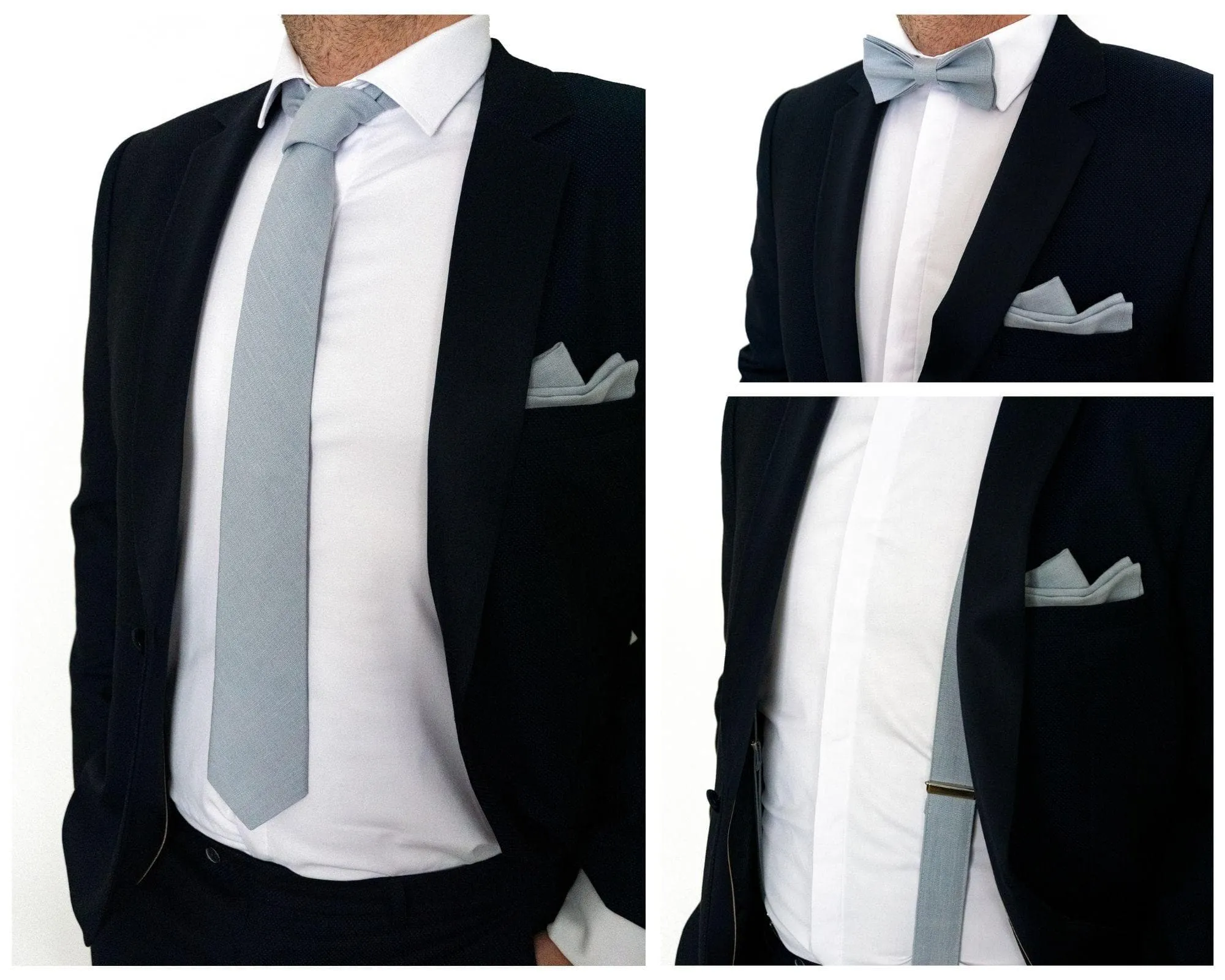 Dusty Blue Bow Tie, Suspenders, Necktie, and Pocket Square Set