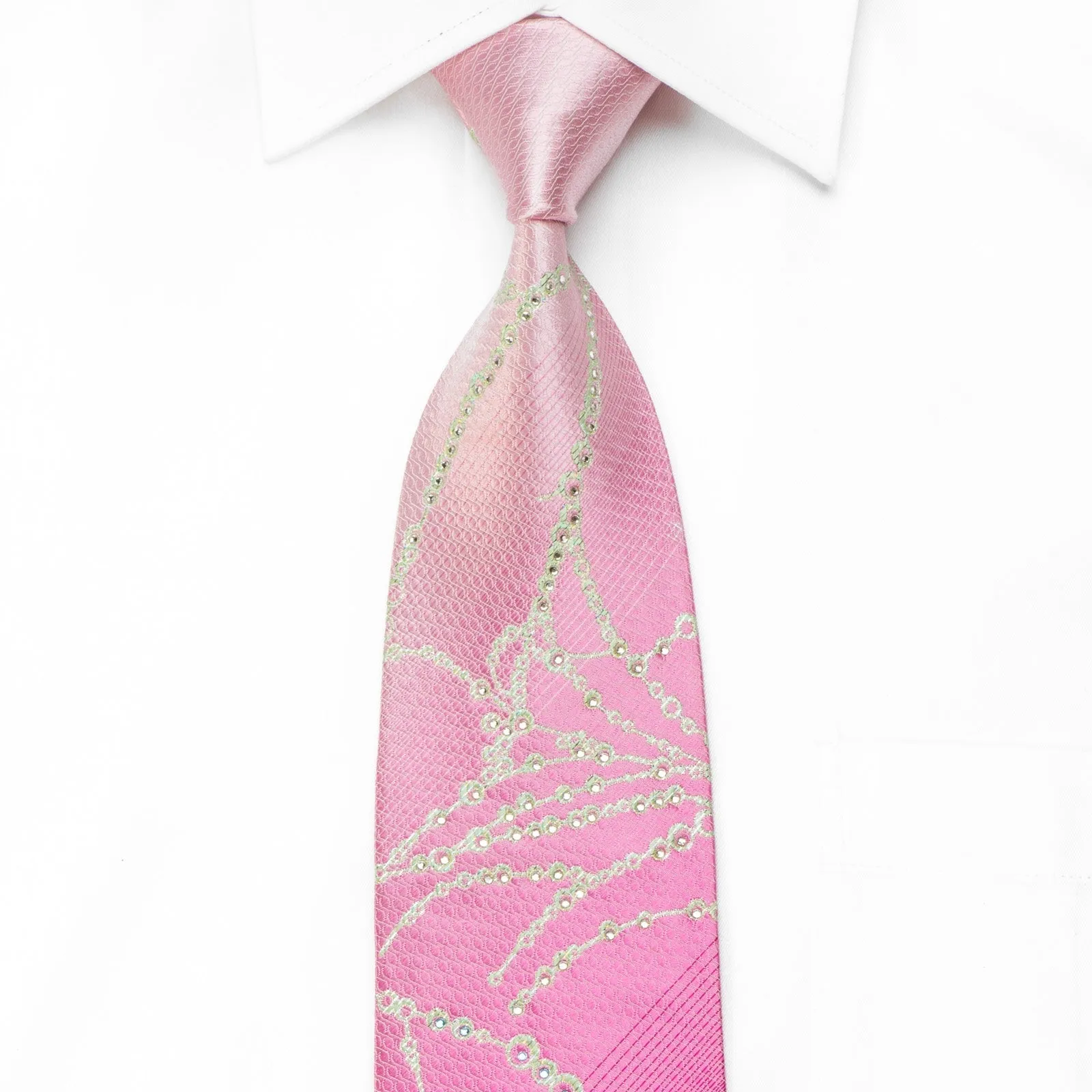 Elegance Men's Crystal Silk Necktie Geometric On Pink With Silver Sparkles