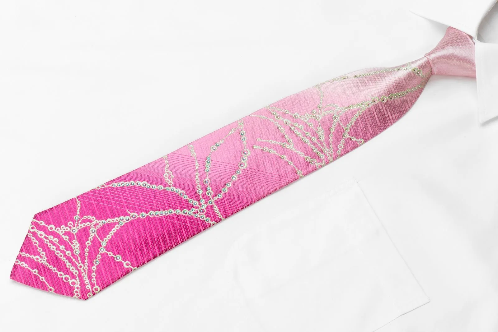 Elegance Men's Crystal Silk Necktie Geometric On Pink With Silver Sparkles