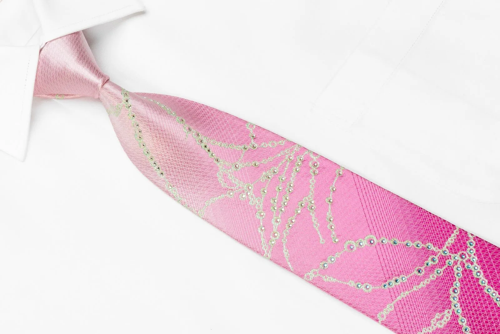 Elegance Men's Crystal Silk Necktie Geometric On Pink With Silver Sparkles