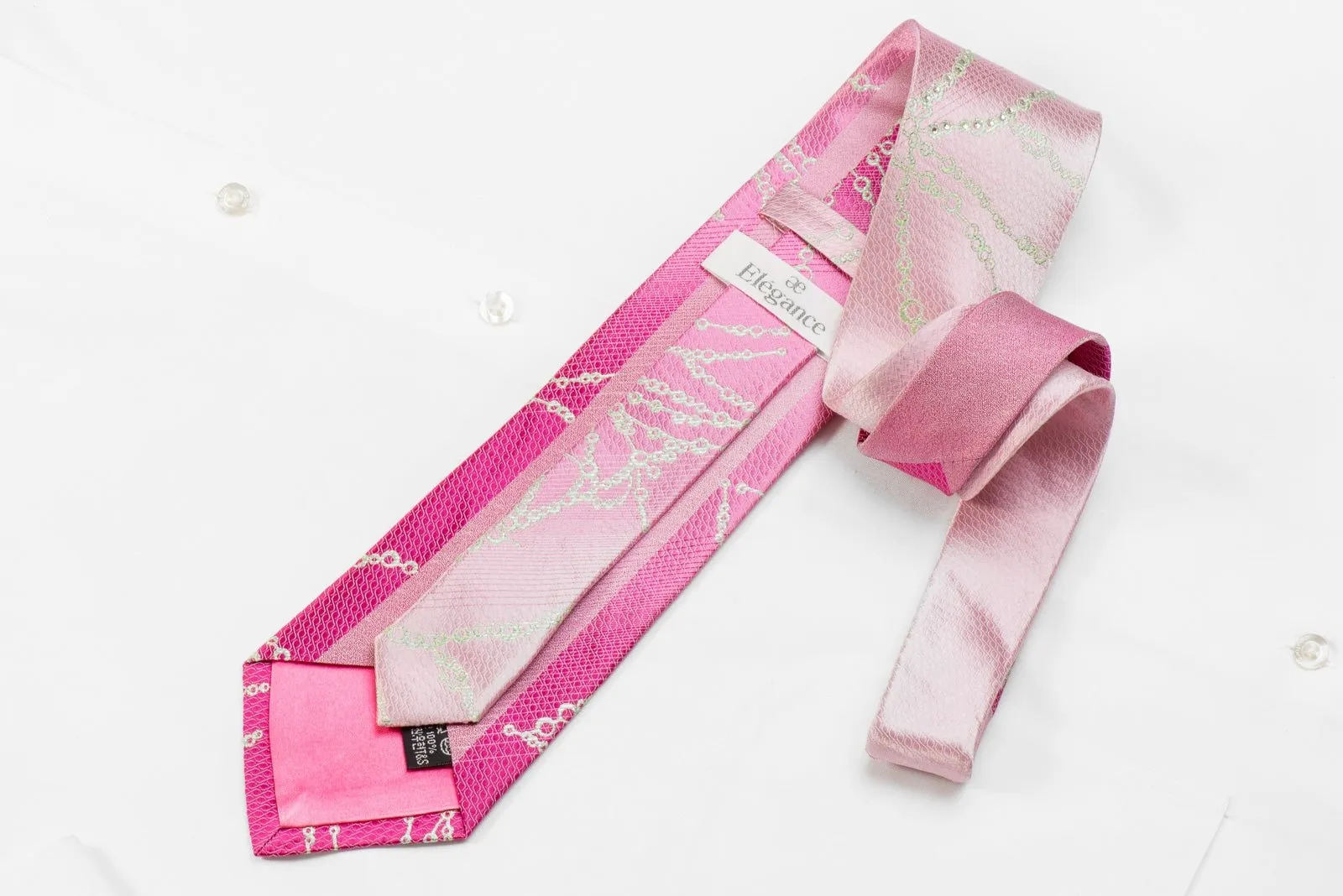 Elegance Men's Crystal Silk Necktie Geometric On Pink With Silver Sparkles