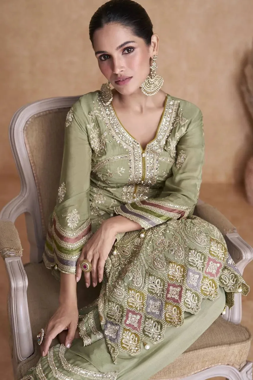 Elegant Olive Green Chinon Embroidered Palazzo Suit