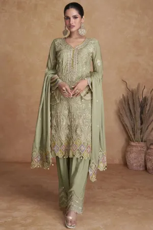 Elegant Olive Green Chinon Embroidered Palazzo Suit