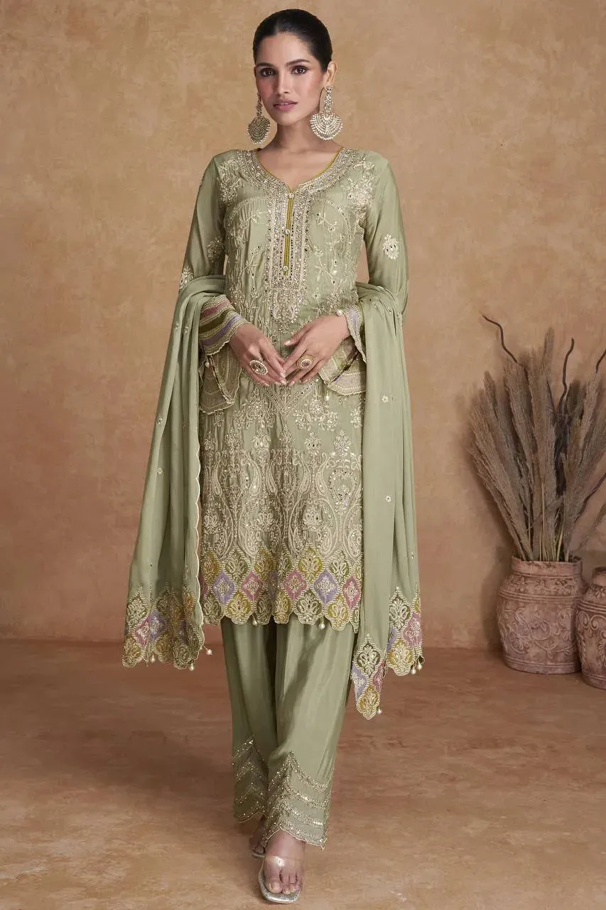 Elegant Olive Green Chinon Embroidered Palazzo Suit