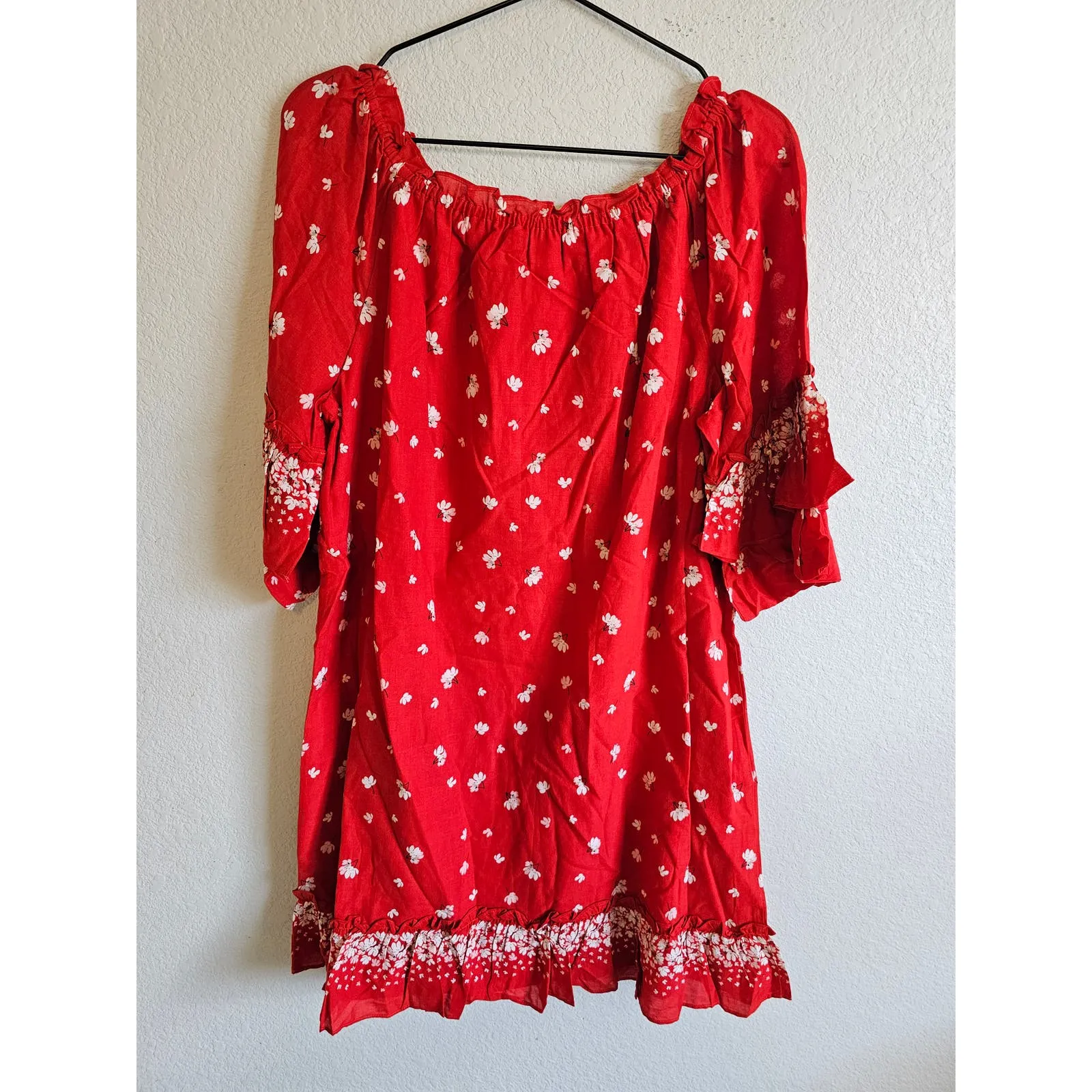 Ella Moon Womens Sz L Knee Length Bright Red White Floral Cotton Dress