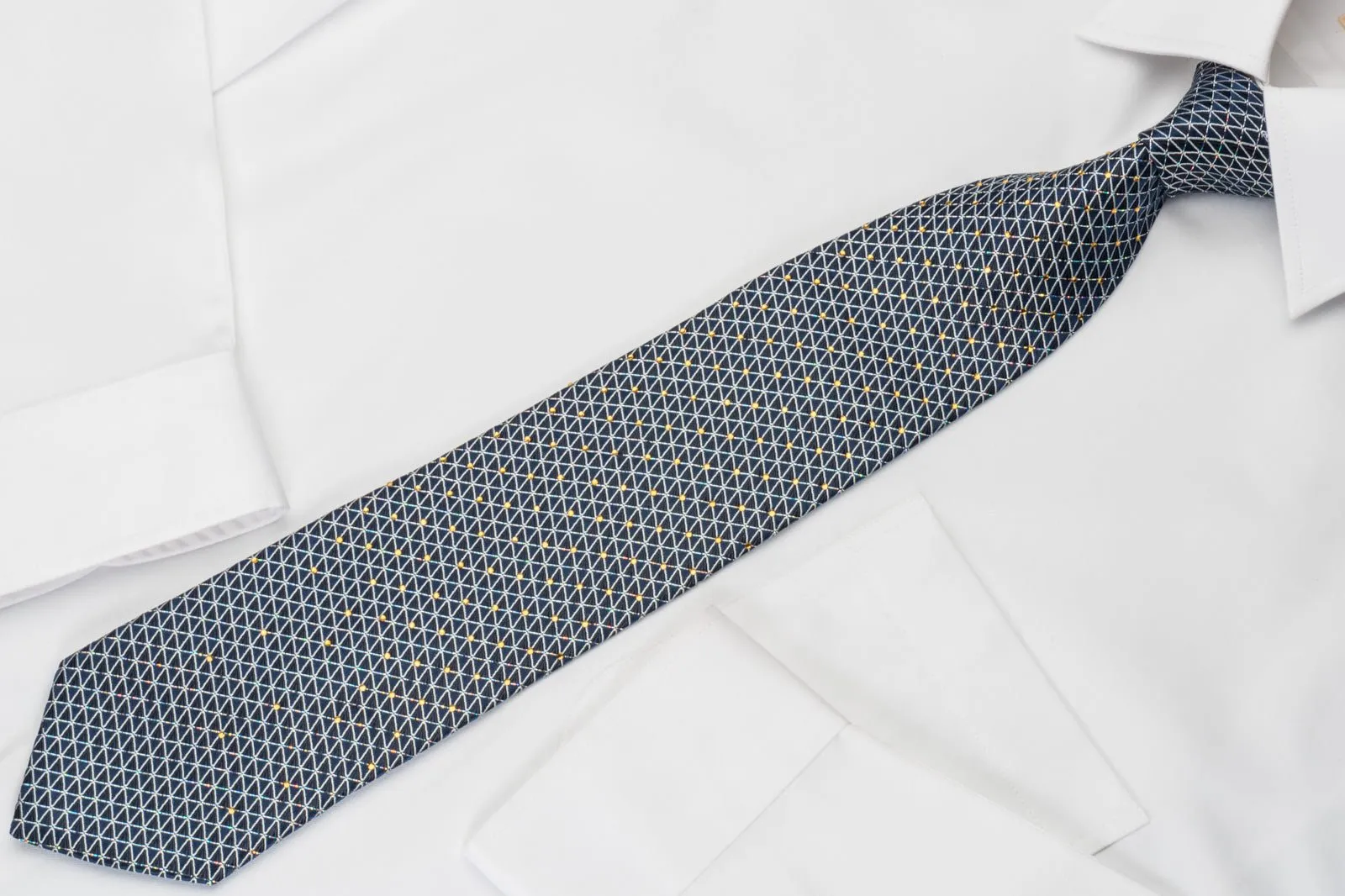 Elle Homme Rhinestone Silk Necktie Silver Trellis On Blue With Silver Sparkles