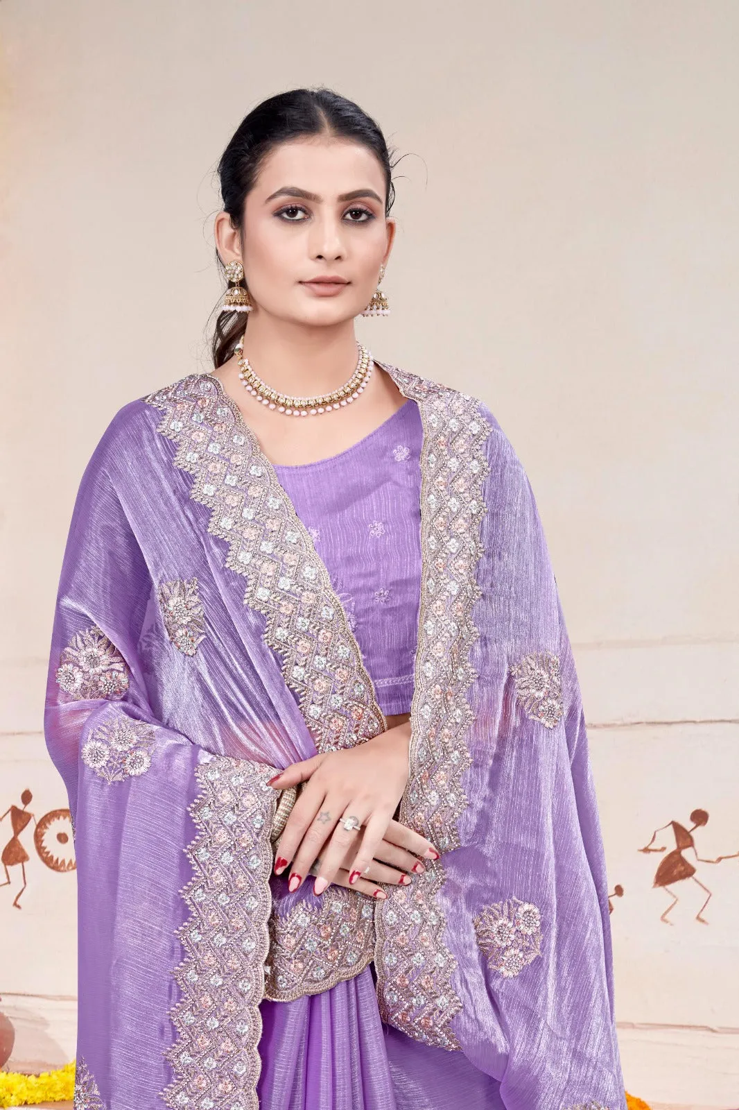 Embroidered Burberry Chiffon Lilac Saree