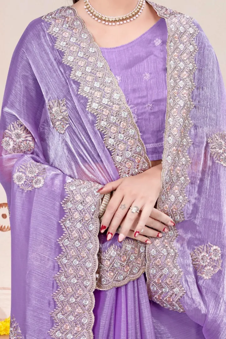 Embroidered Burberry Chiffon Lilac Saree
