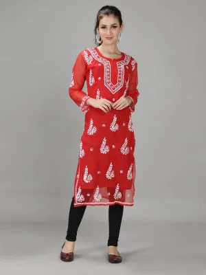 Embroidered Red Lucknowi Chikan Kurti