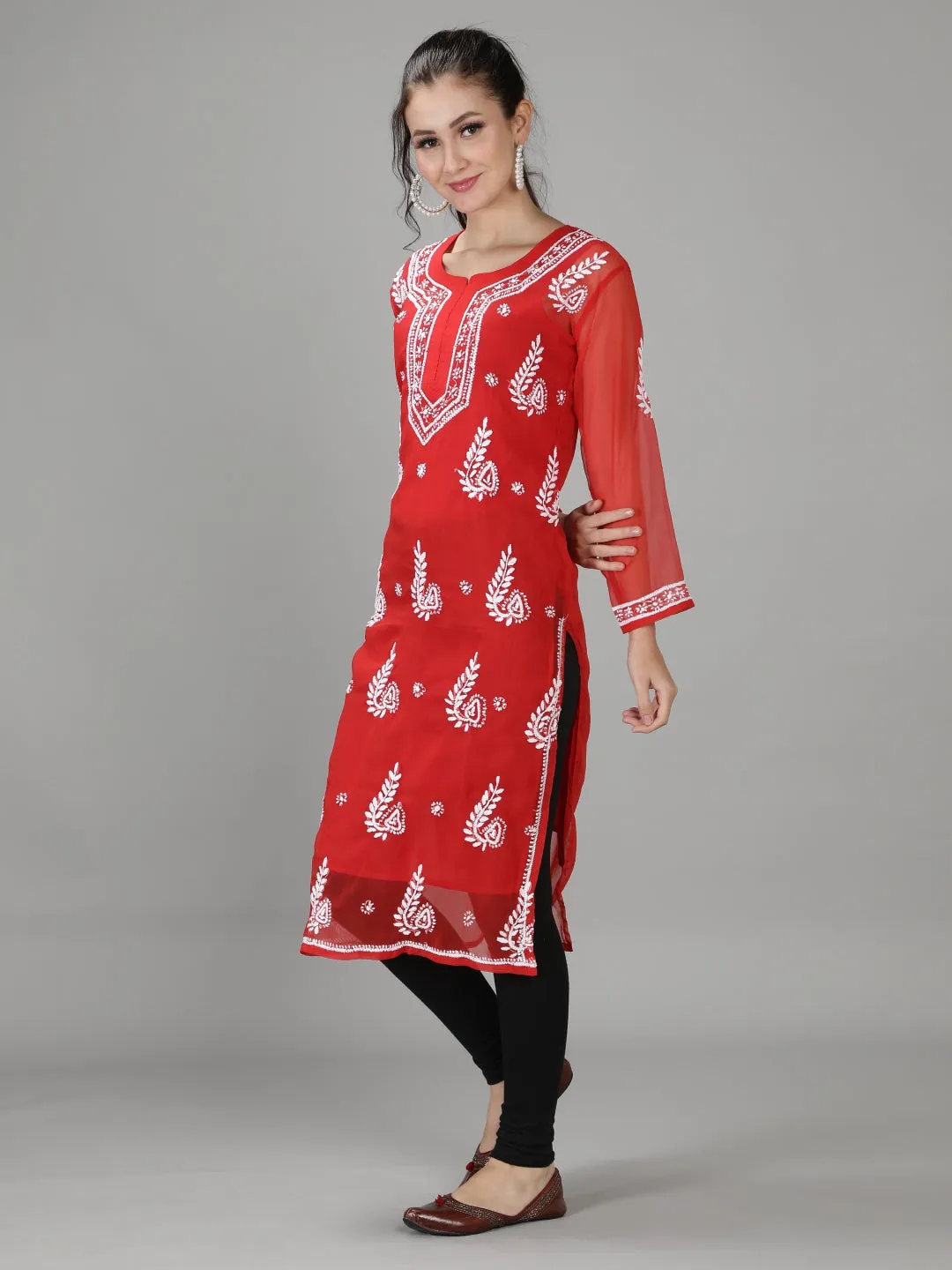 Embroidered Red Lucknowi Chikan Kurti