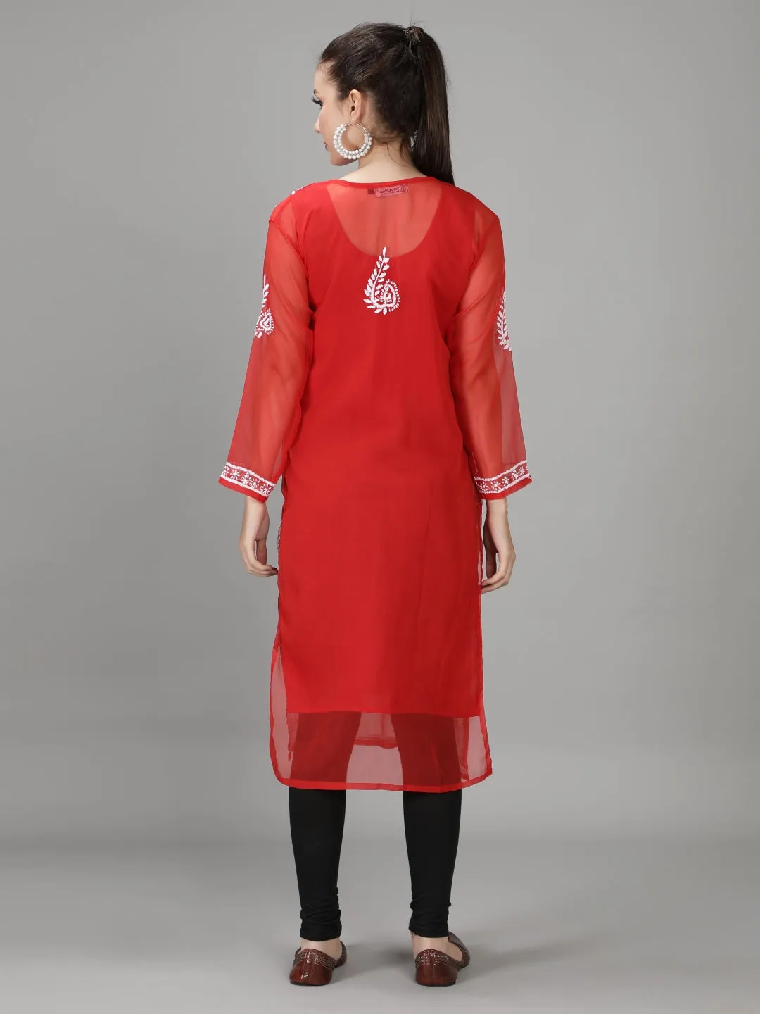 Embroidered Red Lucknowi Chikan Kurti