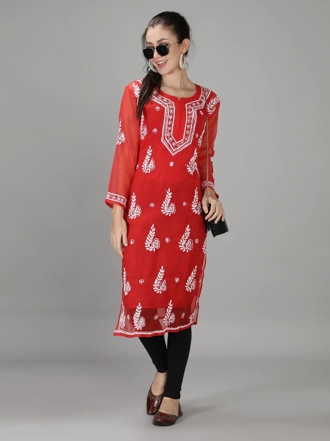 Embroidered Red Lucknowi Chikan Kurti