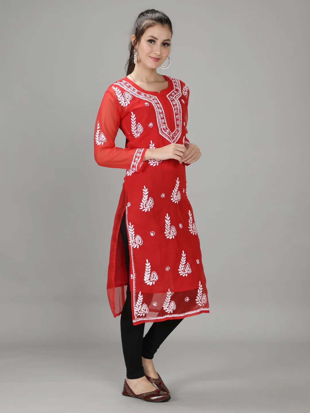 Embroidered Red Lucknowi Chikan Kurti