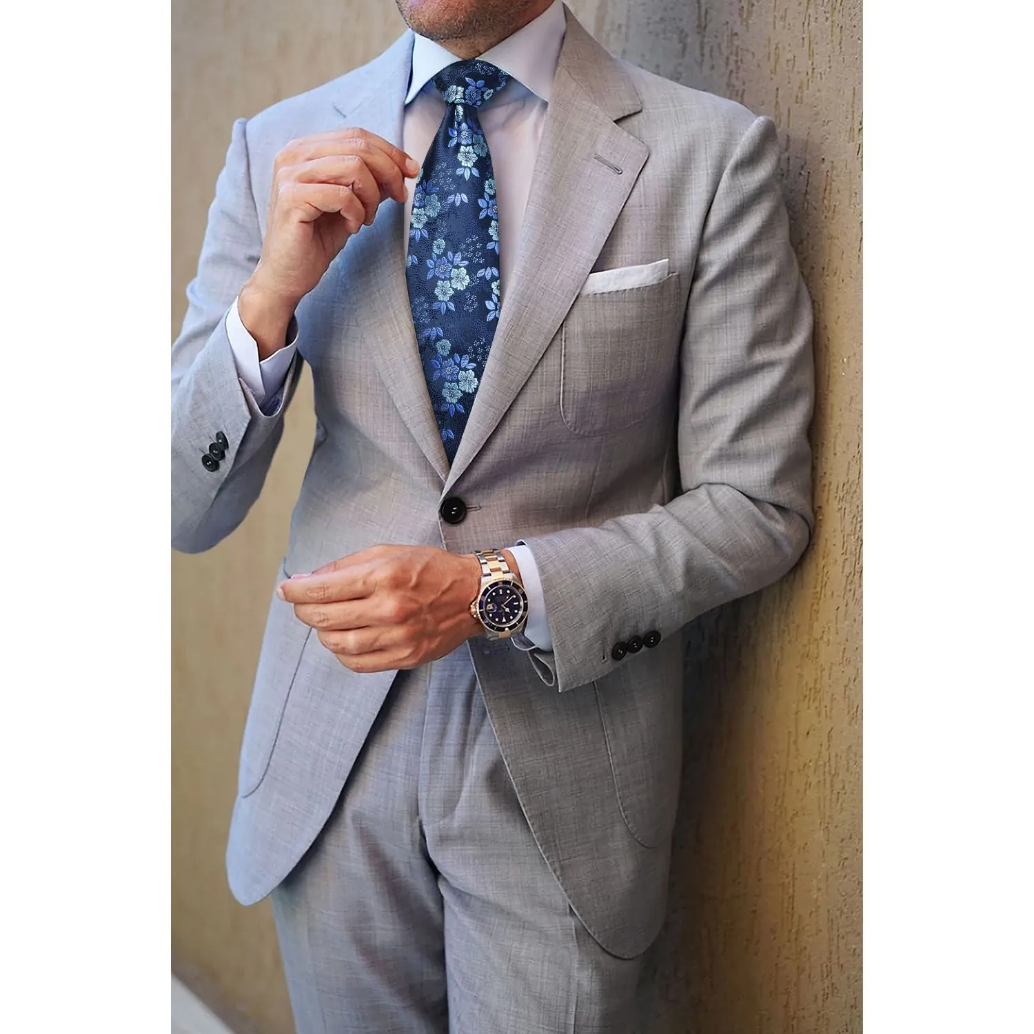 Floral Tie Handkerchief Set - 01 BLUE