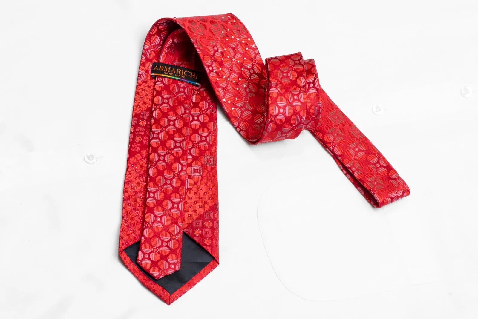 Geometric On Red Rhinestone Necktie With Silver Sparkles