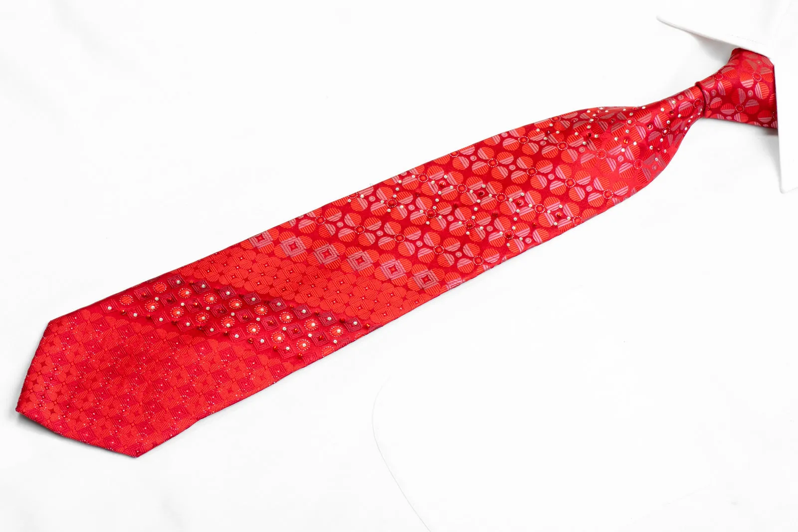 Geometric On Red Rhinestone Necktie With Silver Sparkles