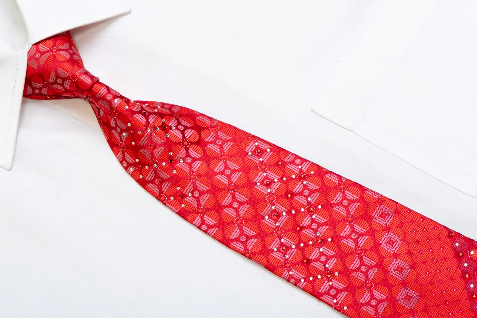 Geometric On Red Rhinestone Necktie With Silver Sparkles
