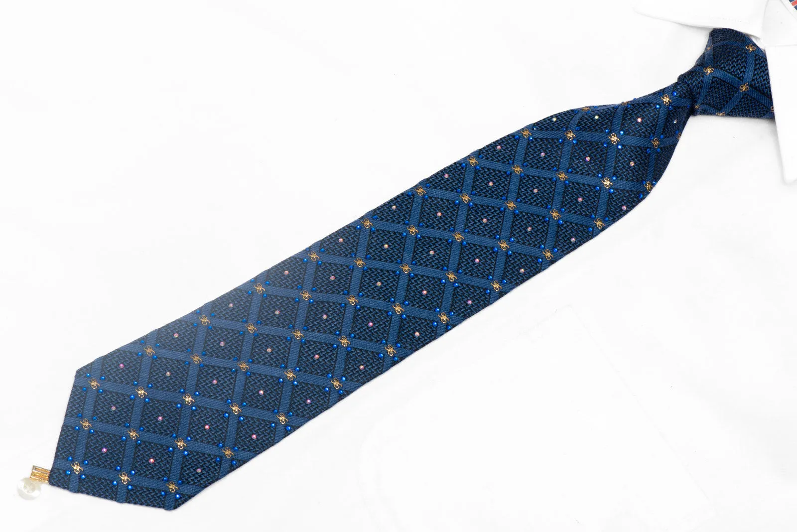 Gold Monogram On Blue Rhinestone Silk Tie With Sparkles