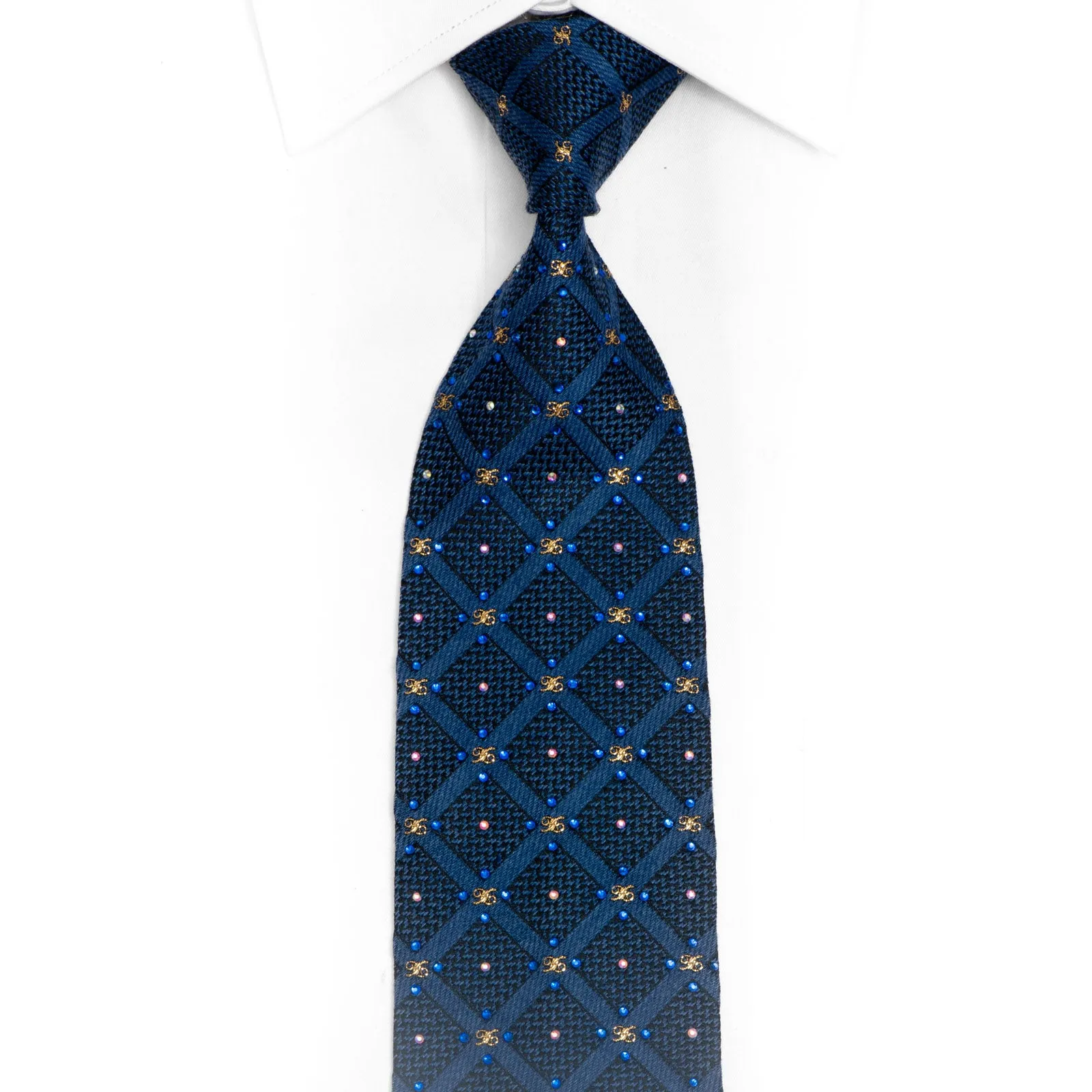 Gold Monogram On Blue Rhinestone Silk Tie With Sparkles