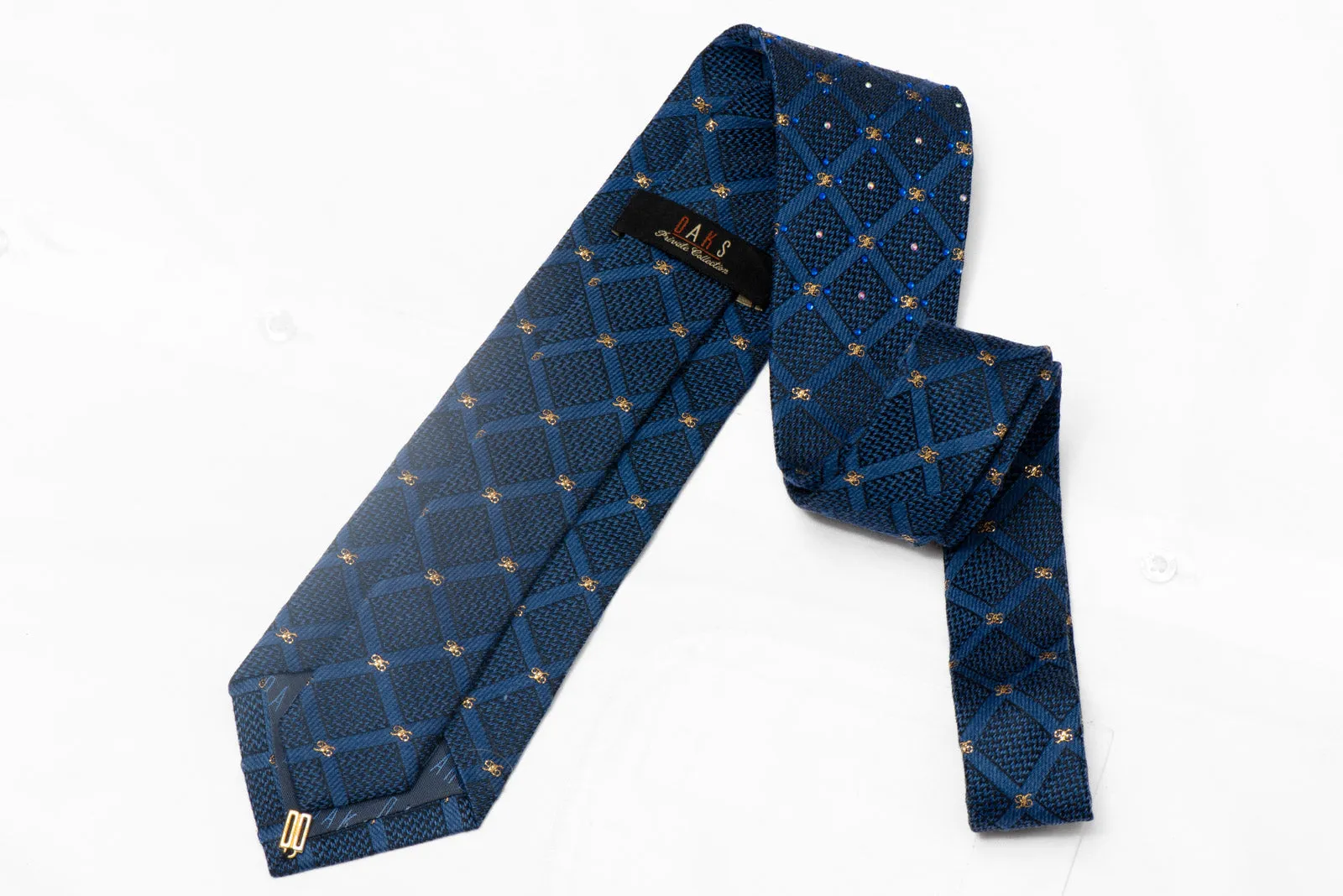 Gold Monogram On Blue Rhinestone Silk Tie With Sparkles