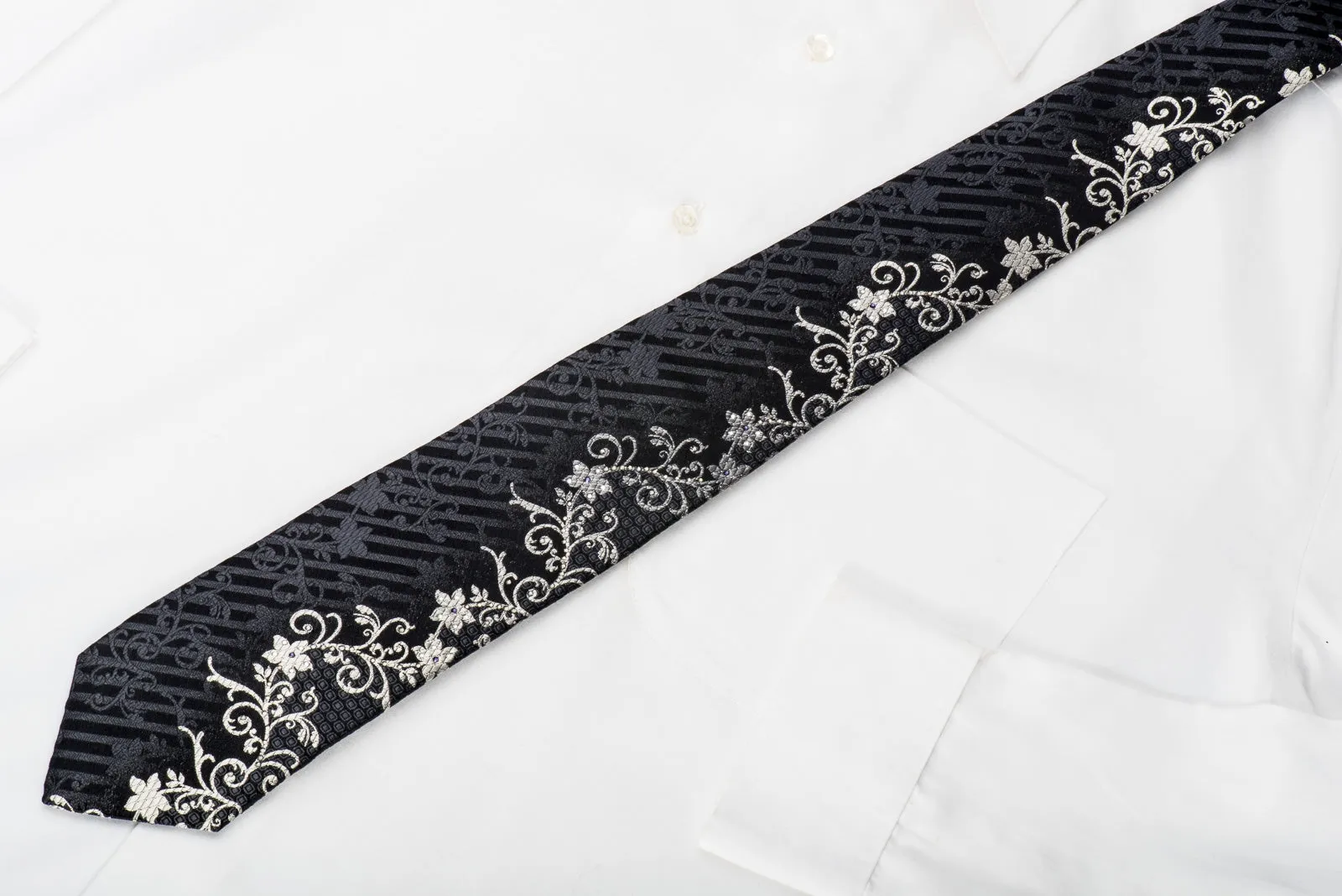 Indian Homme Mens Rhinestone Tie Silver Floral On Black Silk With Silver Sparkles