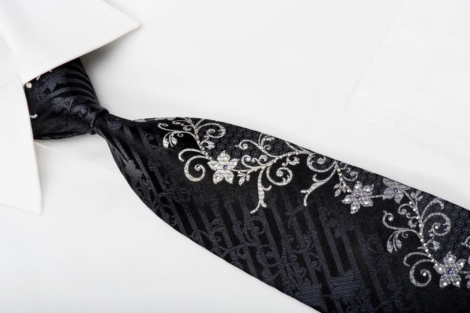 Indian Homme Mens Rhinestone Tie Silver Floral On Black Silk With Silver Sparkles