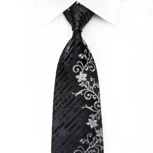Indian Homme Mens Rhinestone Tie Silver Floral On Black Silk With Silver Sparkles